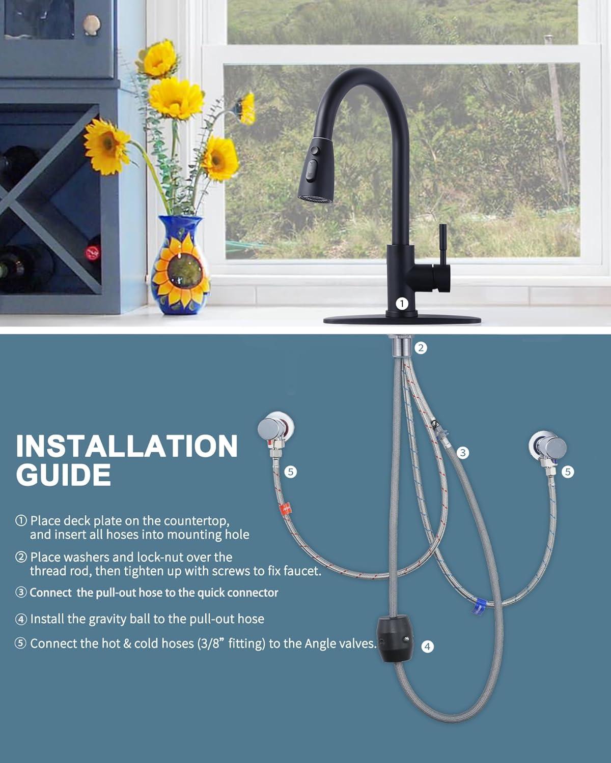 WOWOW Pull Down Kitchen Sink Faucet with Sprayer Stainless Steel Black 1 Handle Kitchen Faucets