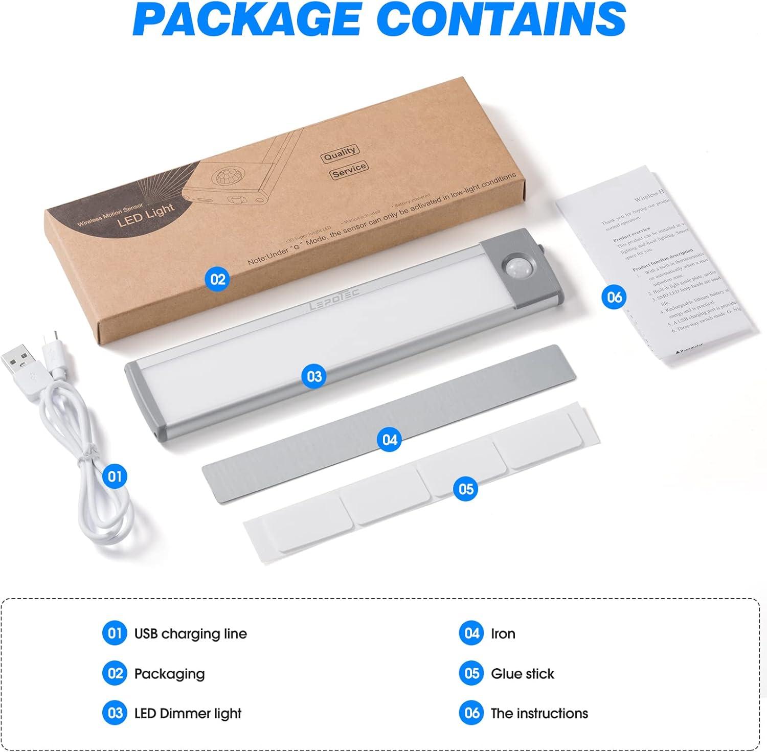 LEPOTEC 2022 30 LED Under Counter Closet Lighting, Pantry Light, LED Motion Sensor Cabinet Light Battery Powered Operated Light 2500mah Rechargeable Wireless Motion Sensor Closet Light