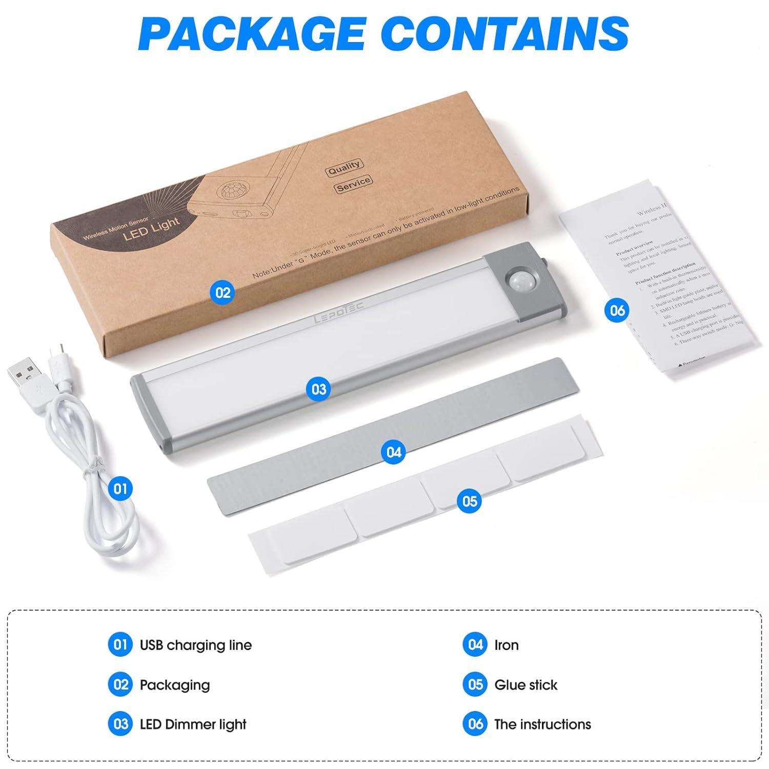 LEPOTEC 2022 30 LED Under Counter Closet Lighting, Pantry Light, LED Motion Sensor Cabinet Light Battery Powered Operated Light 2500mah Rechargeable Wireless Motion Sensor Closet Light