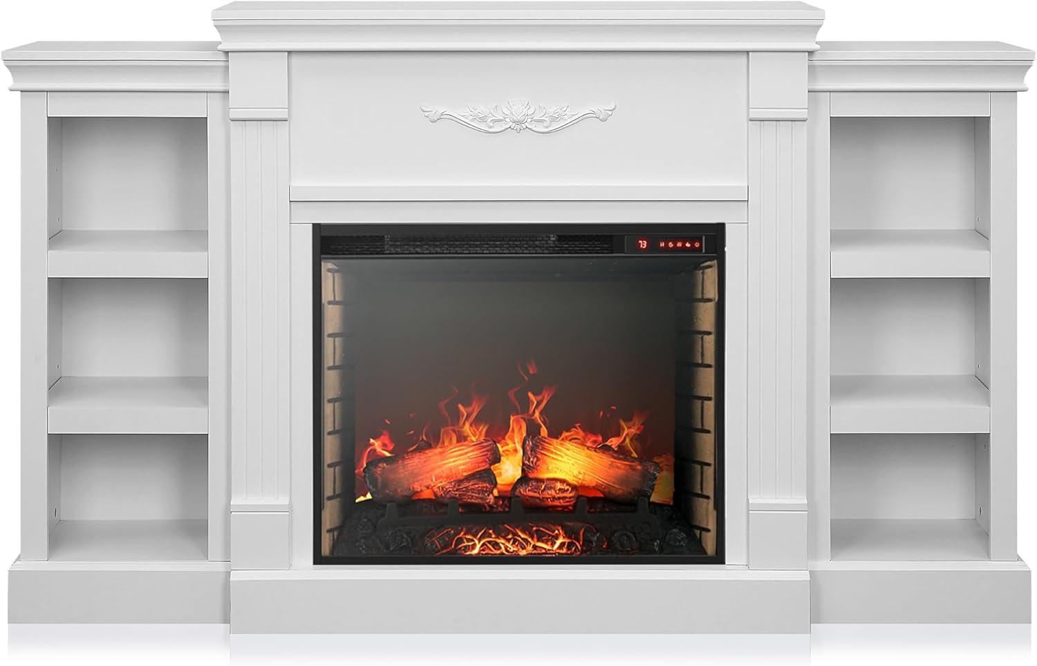 White 70" Electric Fireplace Heater TV Stand with Shelves