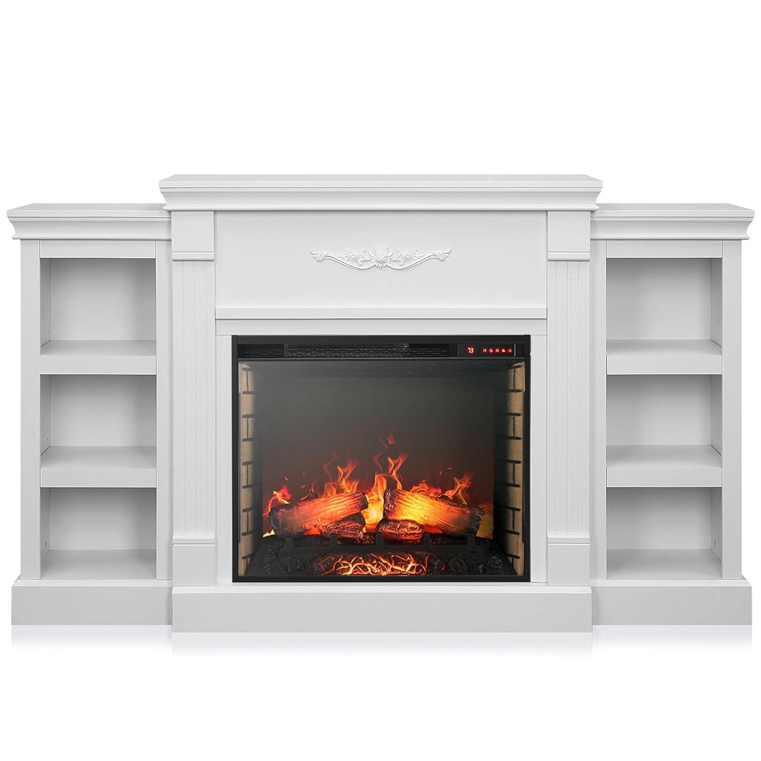 BELLEZE Modern 70" Electric Fireplace Heater Mantel TV Stand & Media Entertainment Center for TVs up to 68" with Energy-Efficient Heater with Sound and Side Book Shelves - Lenore (White)