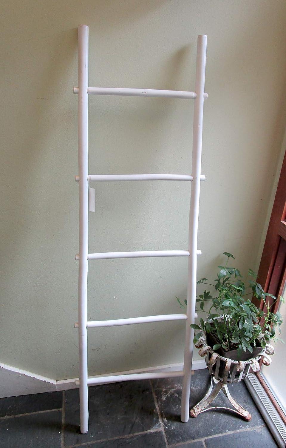 White Bamboo Ladder Towel Rack with Optional Shelf