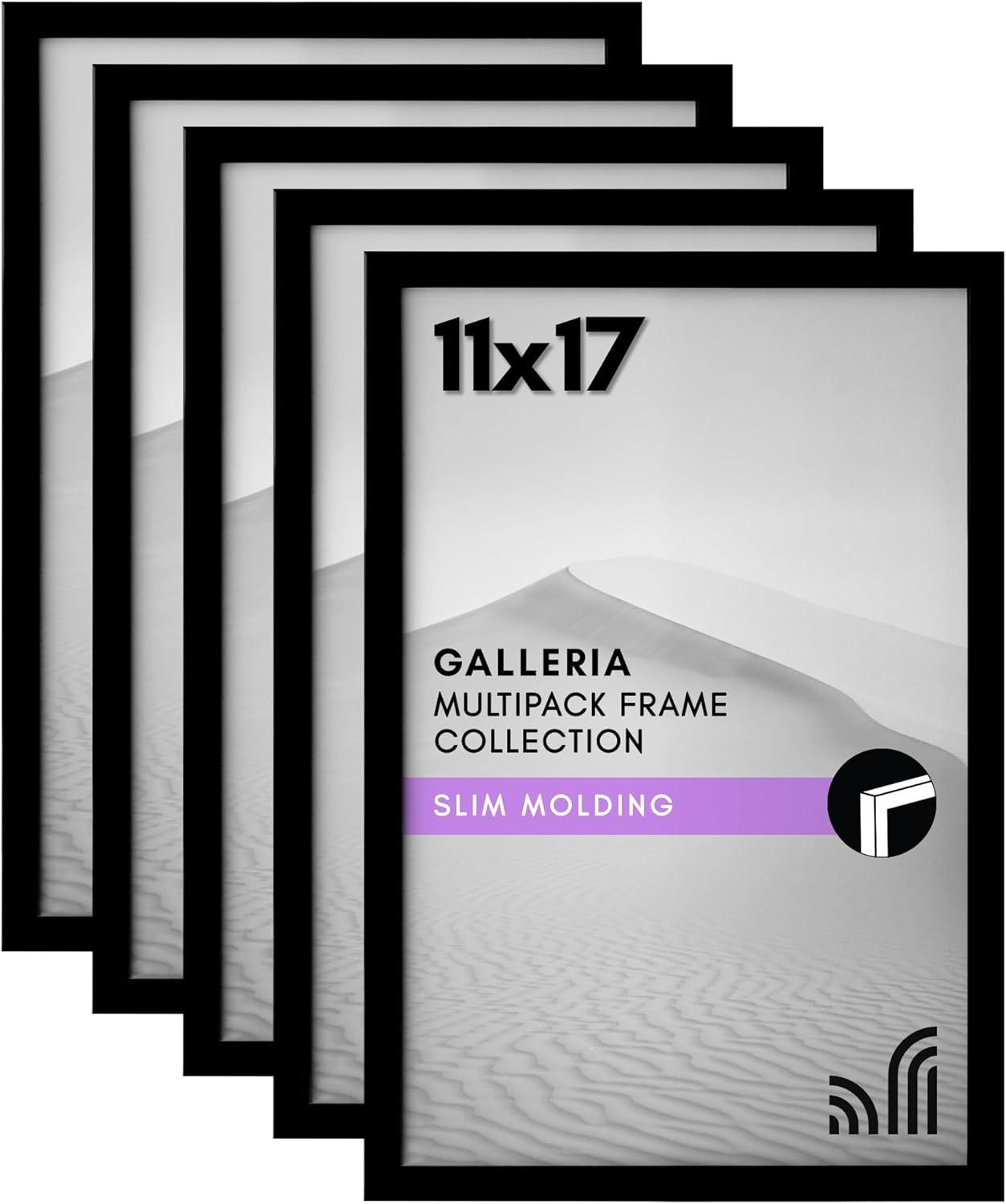 Americanflat 11x17 Picture Frame with Polished Plexiglass, Set of 5, Use as 9x15 Frame with Mat or 11x17 Frame Without Mat, Galleria Collection,Black