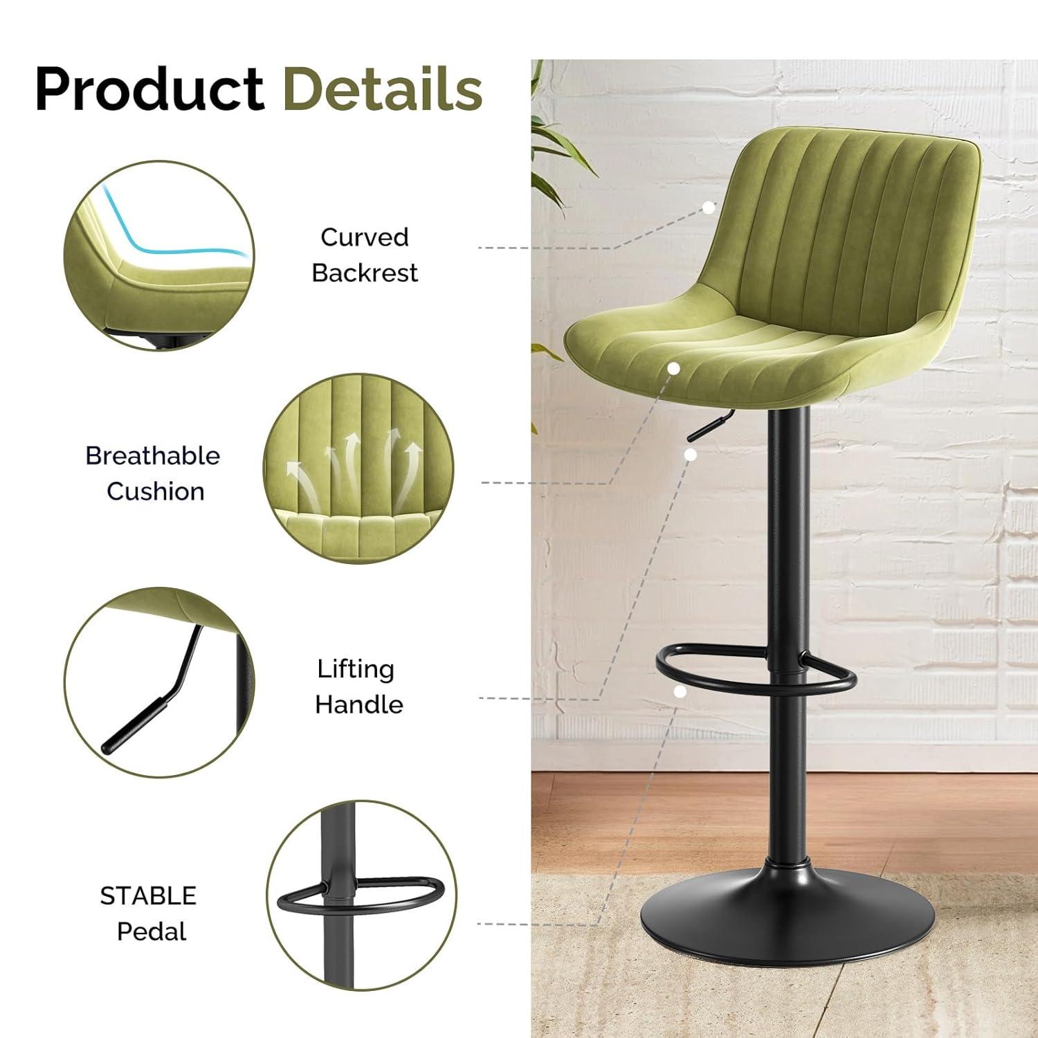 Hawsaiy Adjustable Bar Stools Set of 2, Swivel Counter Height Bar Chairs with Back, Modern Technical Fabric Barstools for Kitchen Island & Home, Green