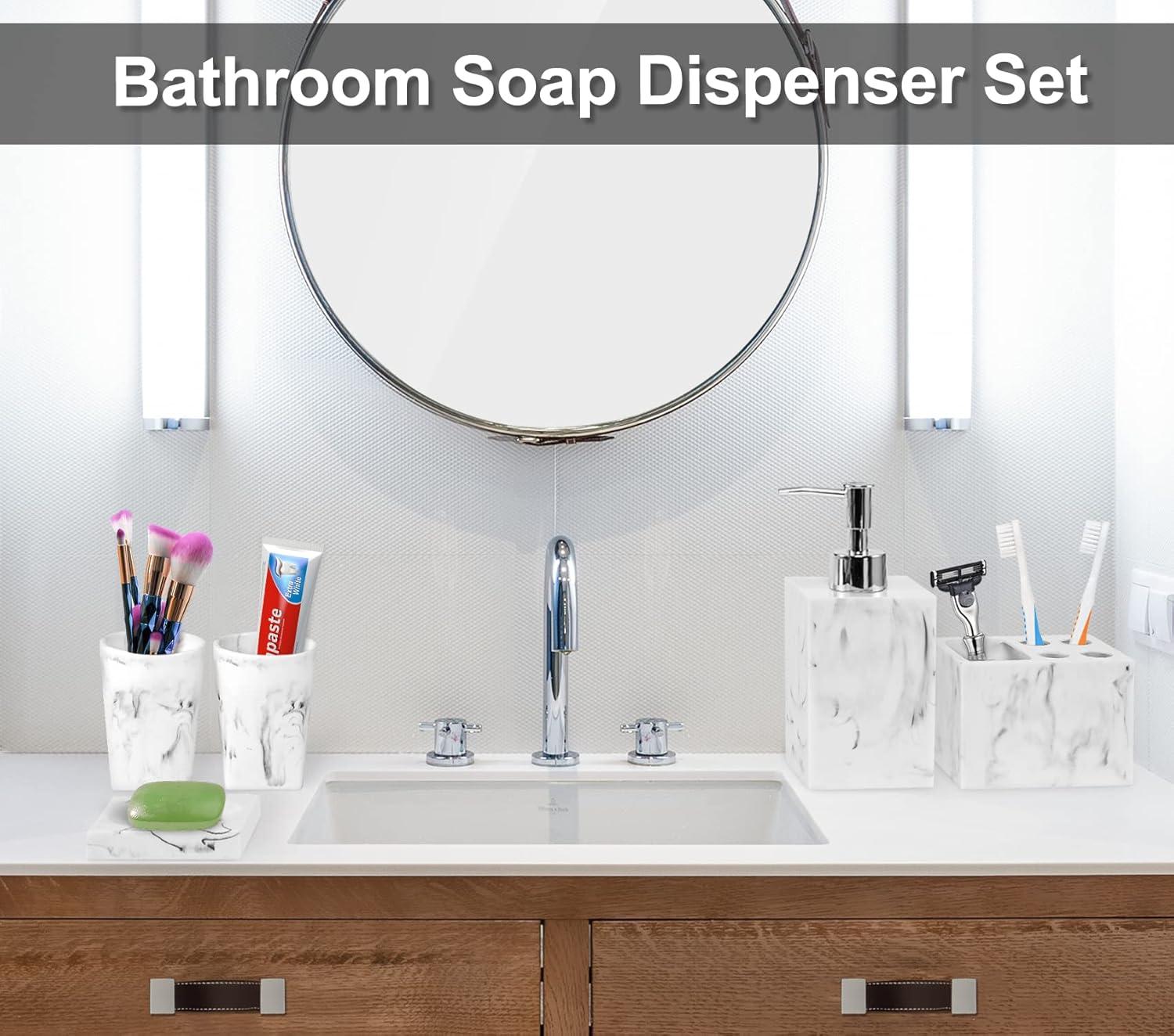 Haturi Bathroom Accessories Set, 4 Pcs Marble Look Sets Soap Dispenser & Toothbrush Holder Counter Top Restroom Apartment Decor Stuff, Glass Kits, Gift for Women and Men, Ink White