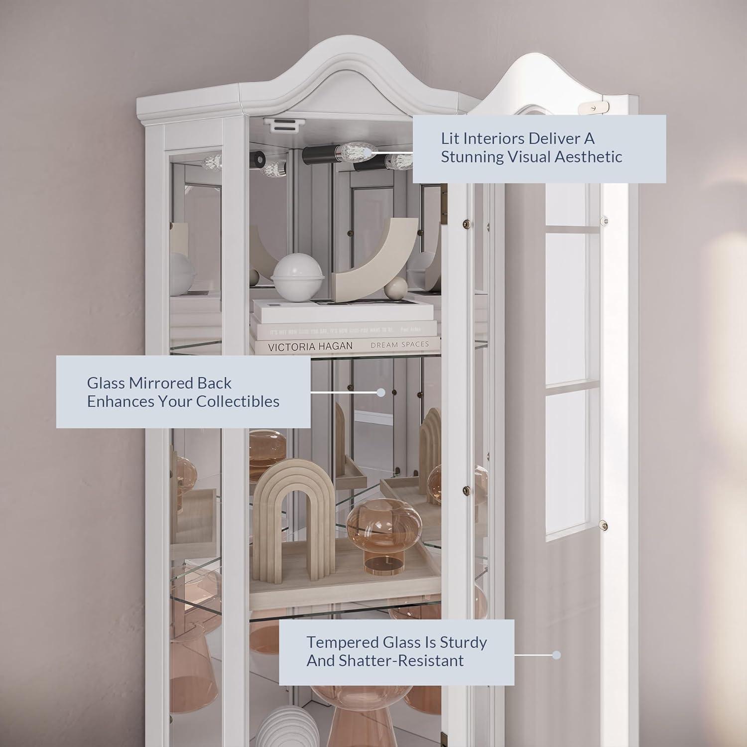 BELLEZE Lighted 3-Side Glass Display Curio Cabinet w/ Tempered Glass Doors and Shelves, Curved Wood Corner Cabinet with Bulb, Corner Storage Decoration Rack for Living room & Bedroom Loraine (White)
