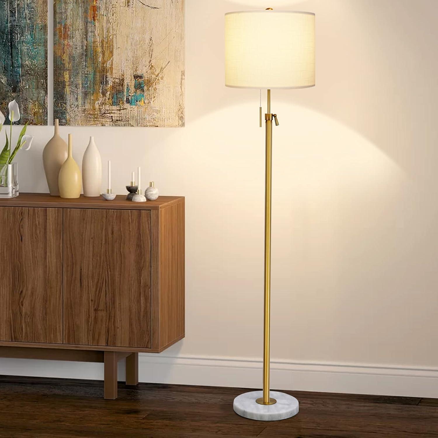 Adjustable Gold Floor Lamp with Marble Base and White Linen Shade