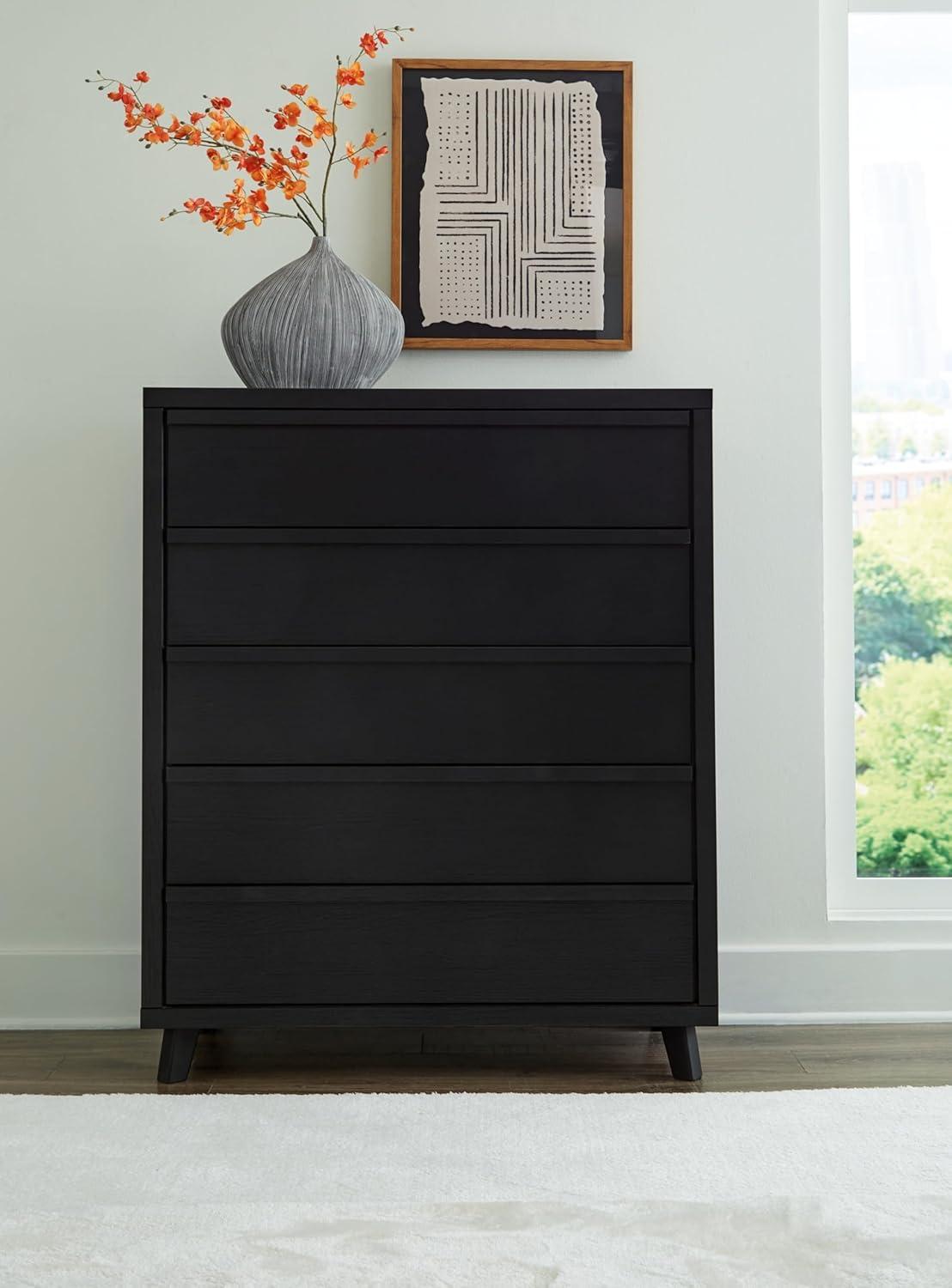 Black Modern 5-Drawer Wide Chest with Roller Glides