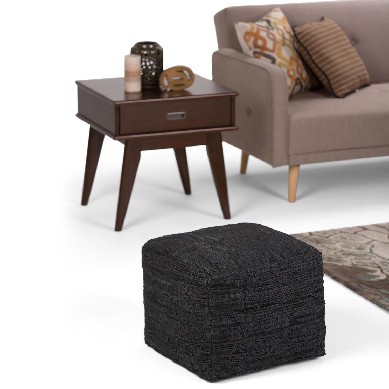Fredrik Hand-Braided Black Leather Square Pouf Ottoman