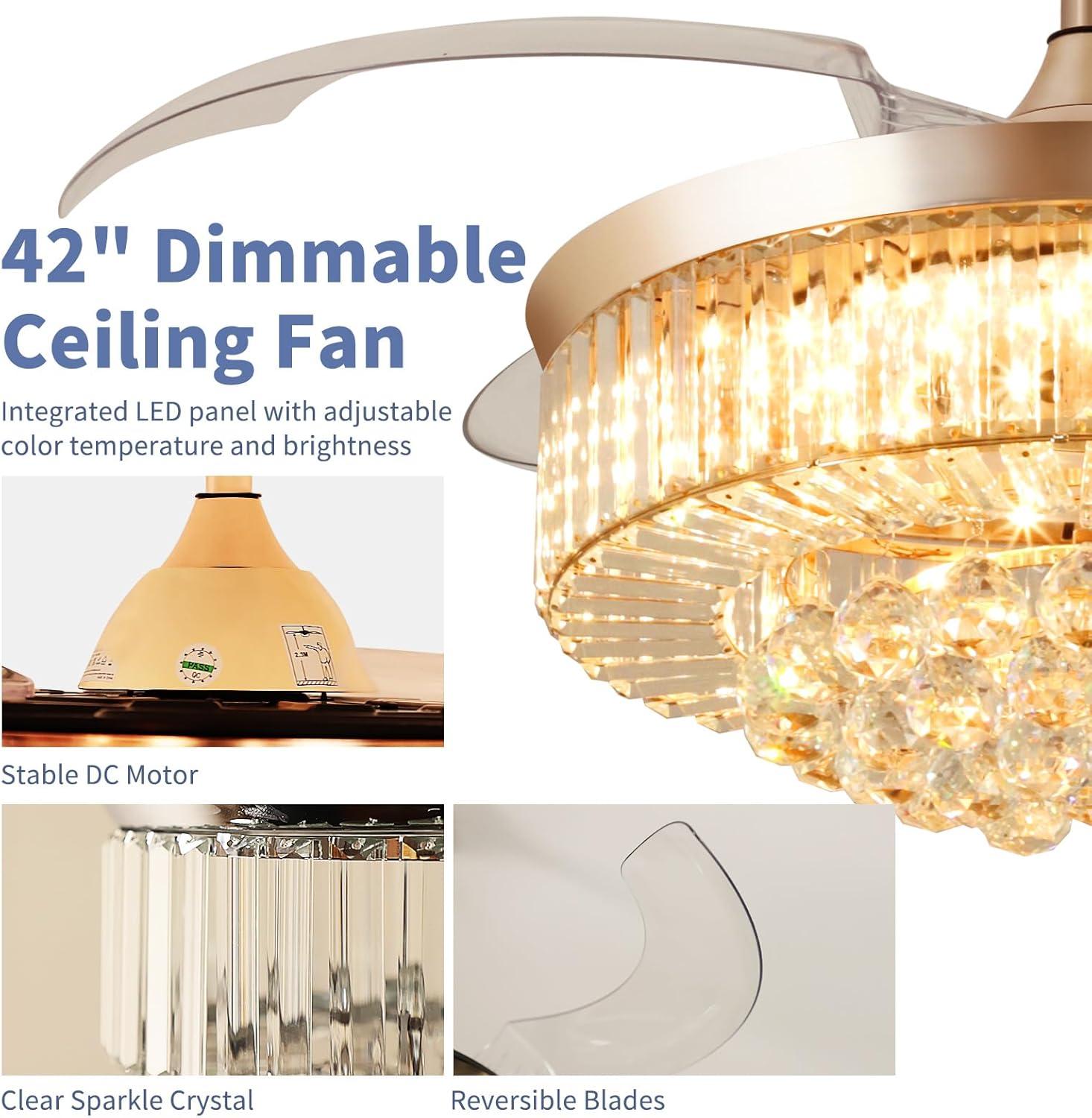 HOOMEDELIER 42" Chandelier Ceiling Fan with Remote, Crystal Beads Framed Fan with 4 Retractable Blades Smart Indoor Fandelier Fan