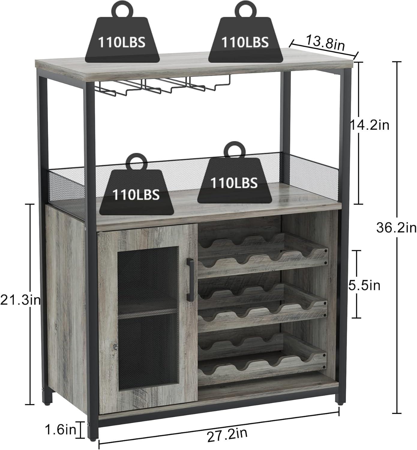 GAOMON Wine Bar Cabinet with Removable Wine Racks and 1 Drawer,Bar Cabinet with Glass Holder and Mesh Door for Liquor and Glasses (Grey)