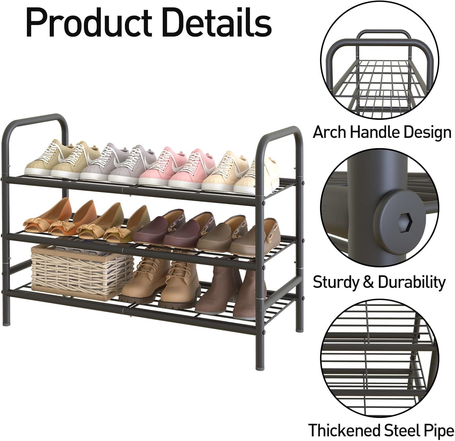 YASONIC Shoe Rack Storage Organizer, 3-Tier Black Shoe Shelf, 24 Pairs, Iron Poles & Plastic Connectors