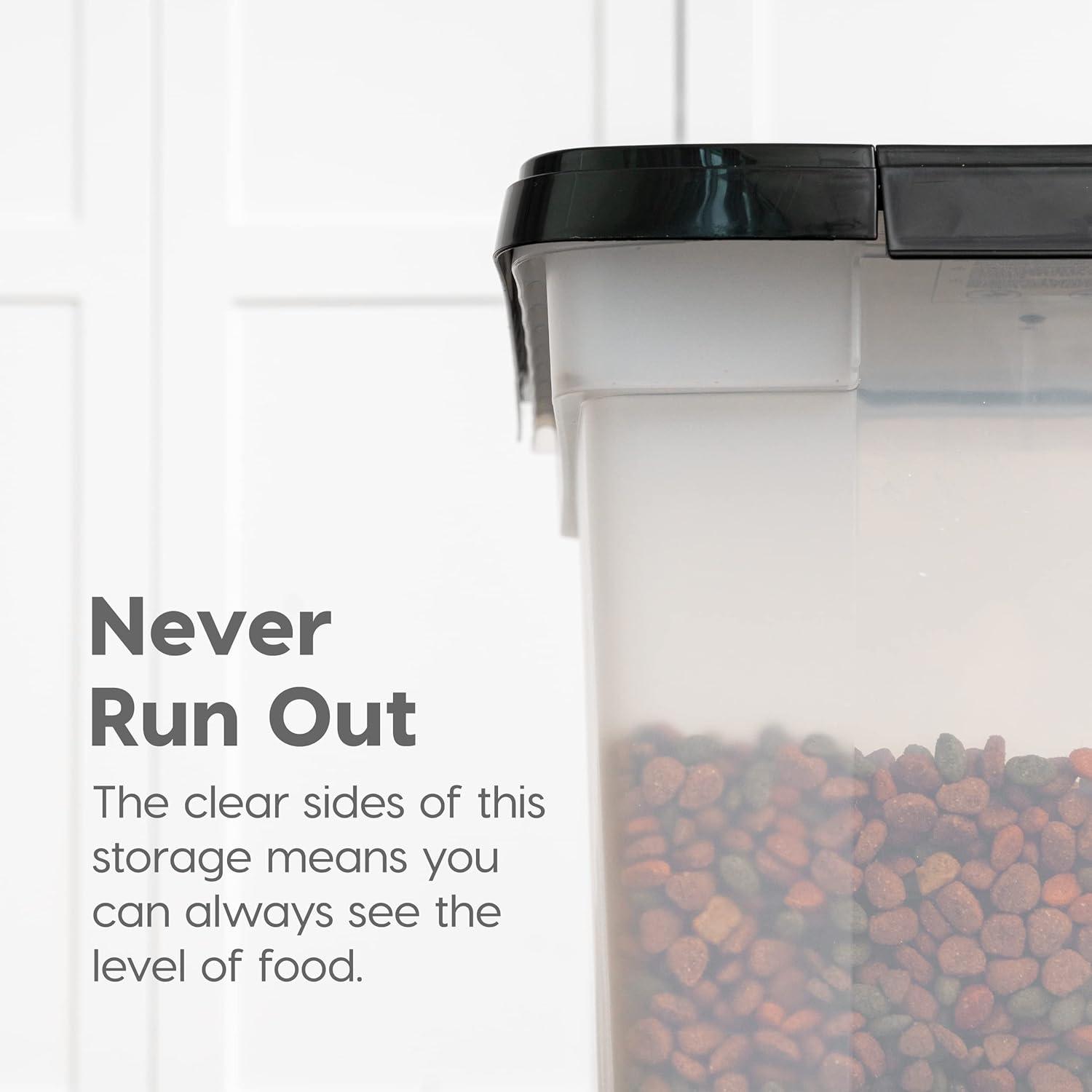 IRIS USA Airtight Dog Food Storage Container, WeatherPro, Up to 50 lbs, Removable Wheels, for Dog Cat Bird and Other Pet Food Storage Bin, Keep Fresh, Translucent Body, Made in USA, Clear/Black