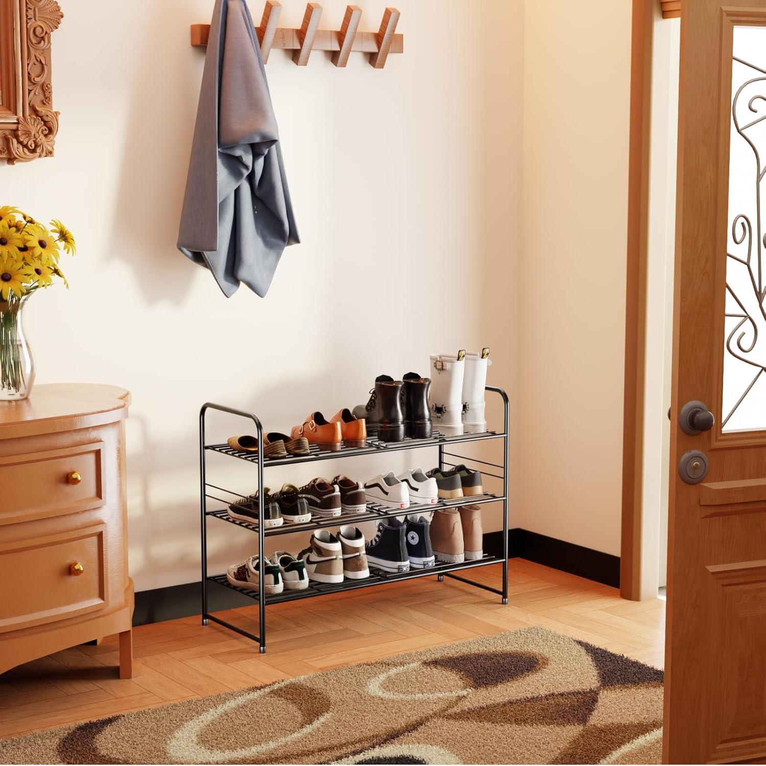 YASONIC Shoe Rack Storage Organizer, 3-Tier Black Shoe Shelf, 24 Pairs, Iron Poles & Plastic Connectors