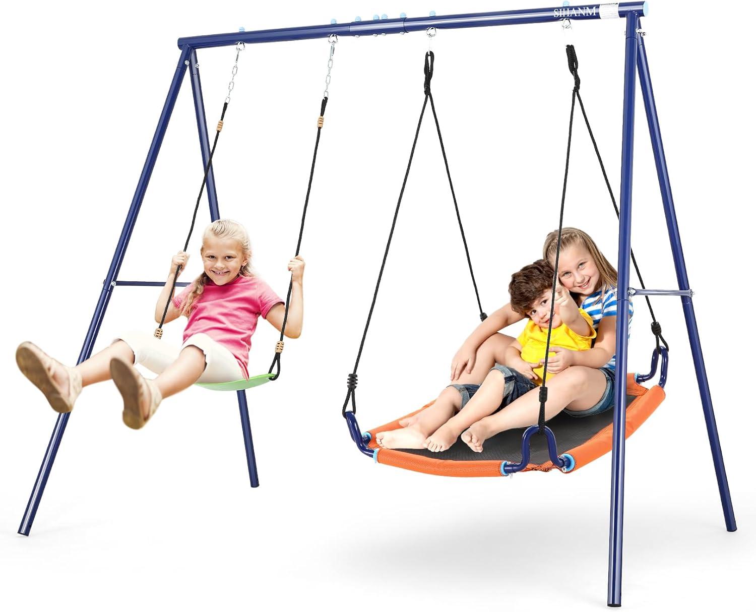 Blue Metal 2-in-1 Outdoor Swing Set with Saucer and Belt Swings