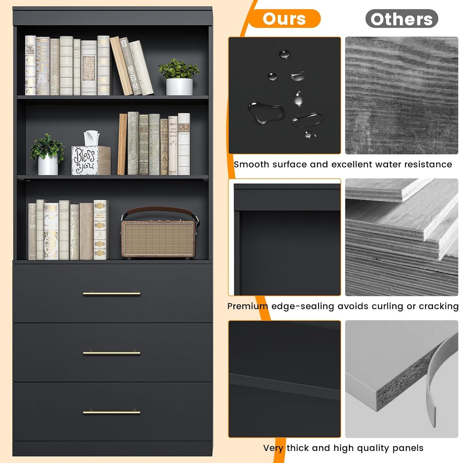 Winkalon 71" H Black Bookshelf with Drawers, Bookshelf and Bookcase with 3-Tier Open Shelves, Tall Bookcase Tall Storage Cabinet for Home Office