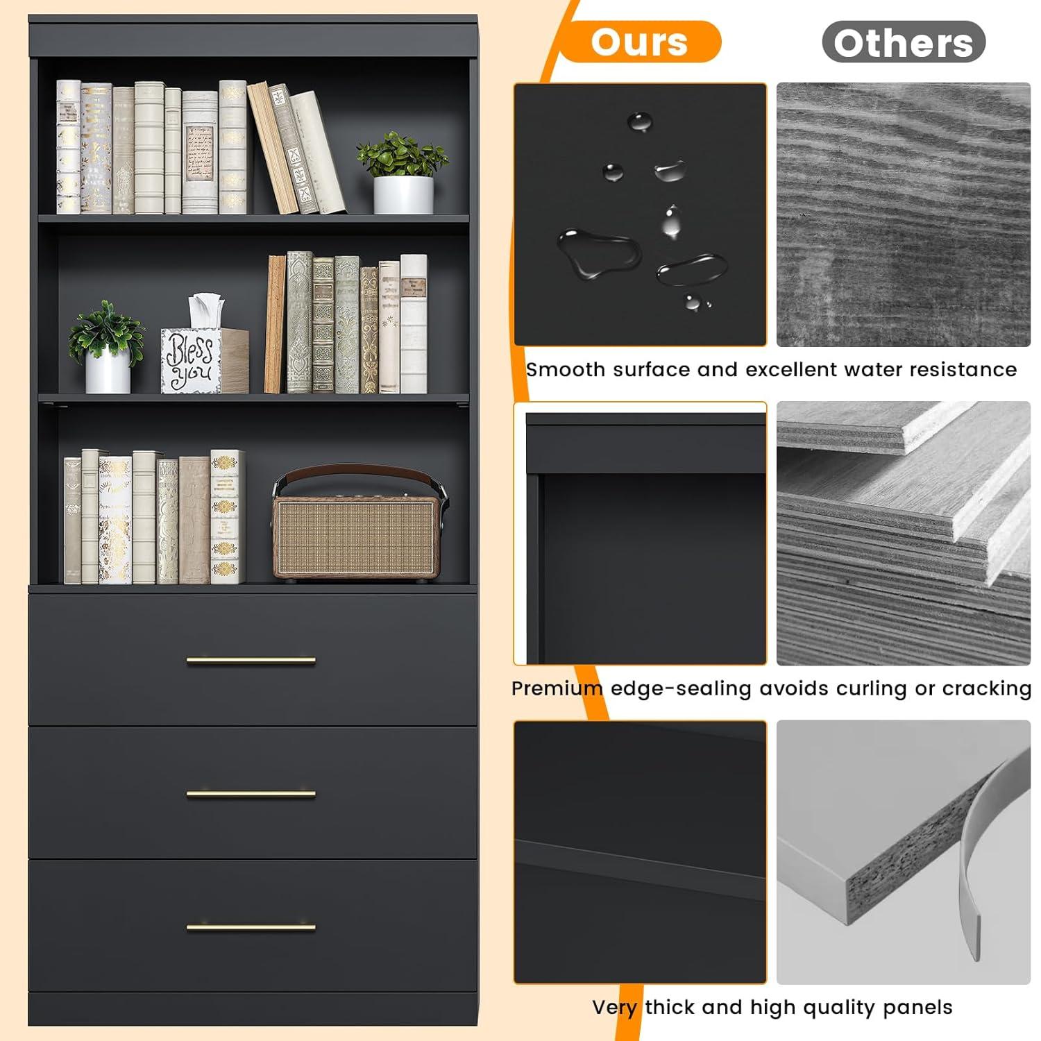 Winkalon 71" H Black Bookshelf with Drawers, Bookshelf and Bookcase with 3-Tier Open Shelves, Tall Bookcase Tall Storage Cabinet for Home Office