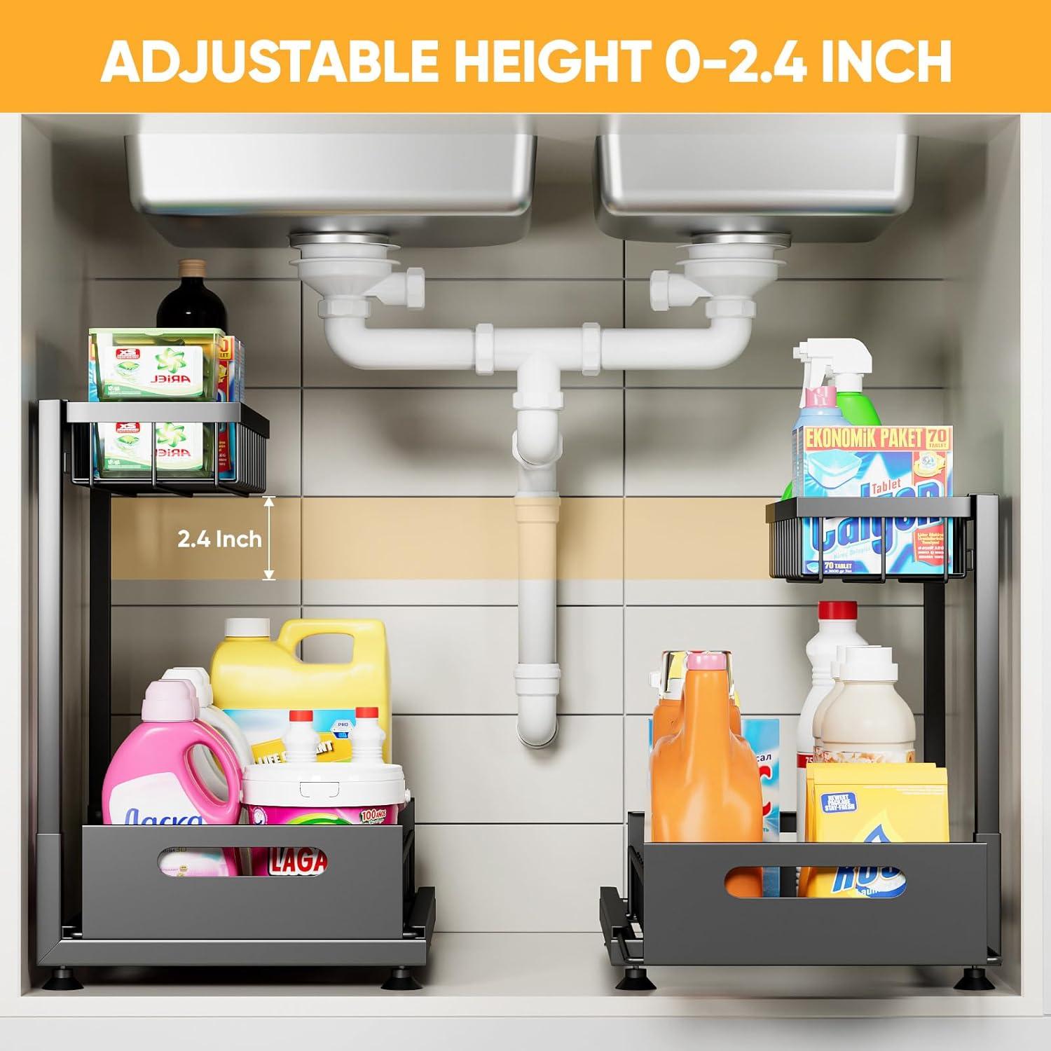 DELAMU 2 Pack Under Sink Organizers and Storage, Pull Out Trash Can Under Cabinet, 2 Tier Bin Organizer with Hooks and Haning Cups, Multi-Purpose Sliding Under Cabinet Organizer