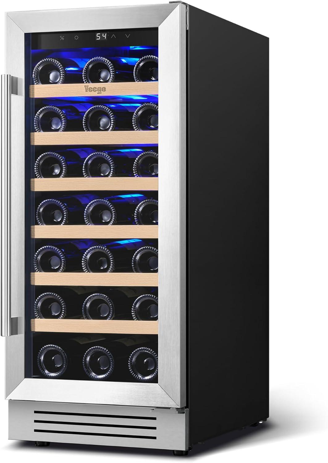Yeego 15" Wine Cooler Refrigerator,33 Bottle Single Zone Wine Fridge with Stainless Steel Tempered Glass Door,Freestanding and Built-in