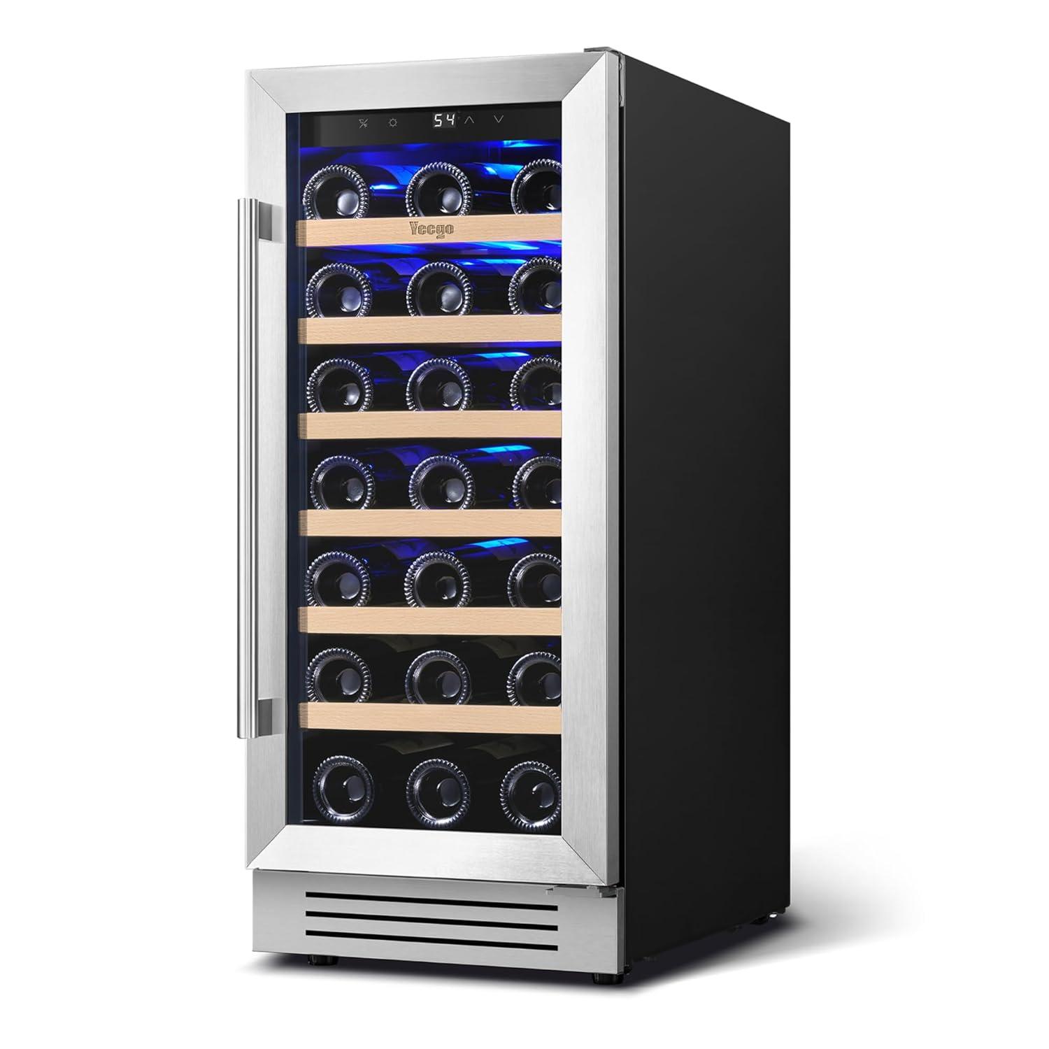 Yeego 15" Wine Cooler Refrigerator,33 Bottle Single Zone Wine Fridge with Stainless Steel Tempered Glass Door,Freestanding and Built-in
