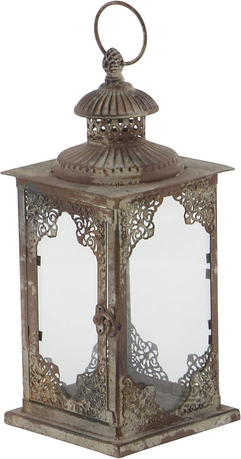 Elegant Tarnished Gray Iron and Glass Tabletop Lantern