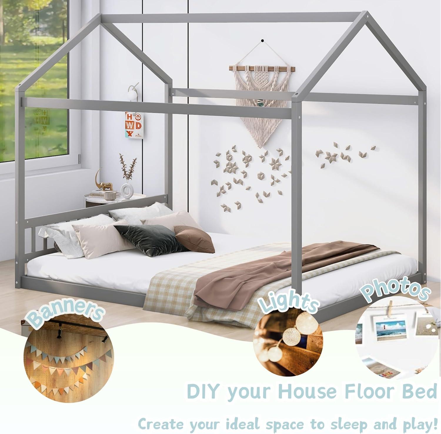Queen House Bed with Roof Wood Montessori Floor Beds for Kids Wood House Floor Bed Frame for Girls Boys Teens Adults, No Spring Box Needed, Gray