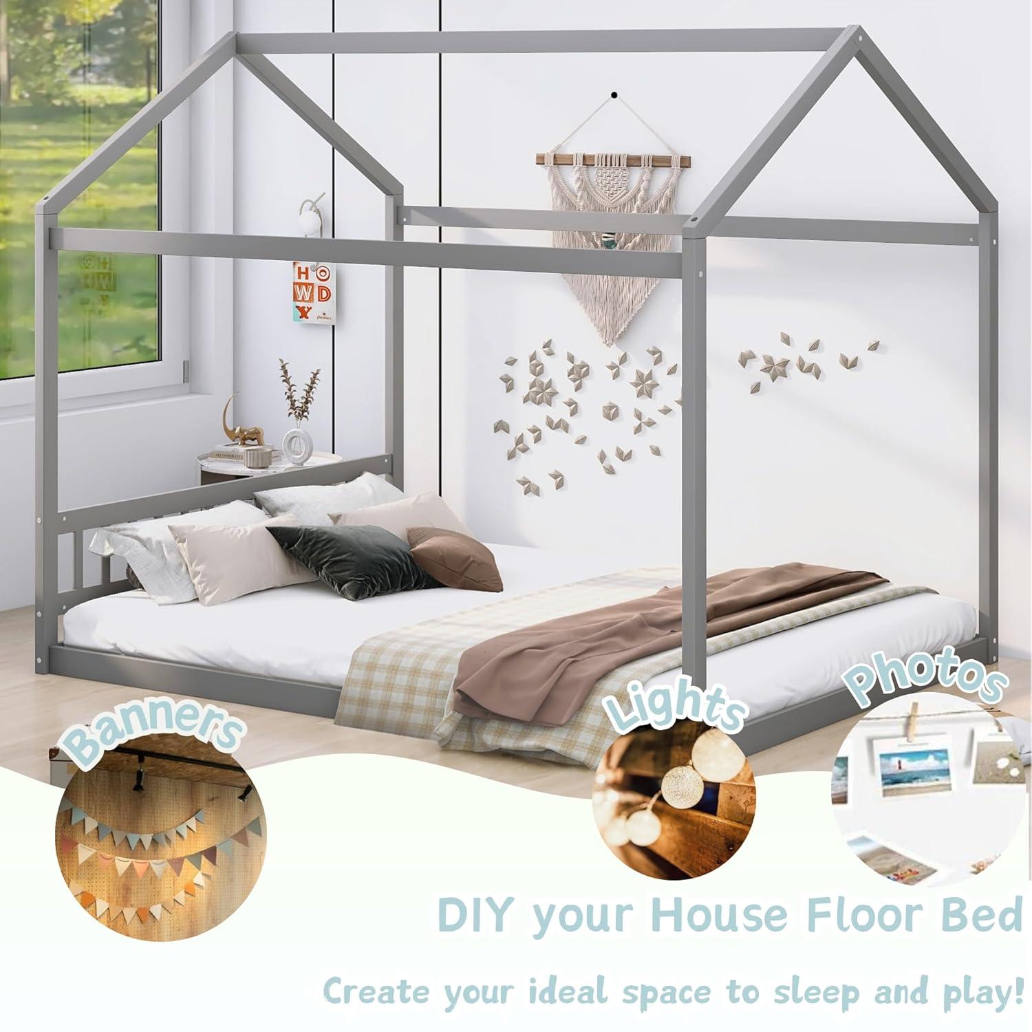 Queen House Bed with Roof Wood Montessori Floor Beds for Kids Wood House Floor Bed Frame for Girls Boys Teens Adults, No Spring Box Needed, Gray
