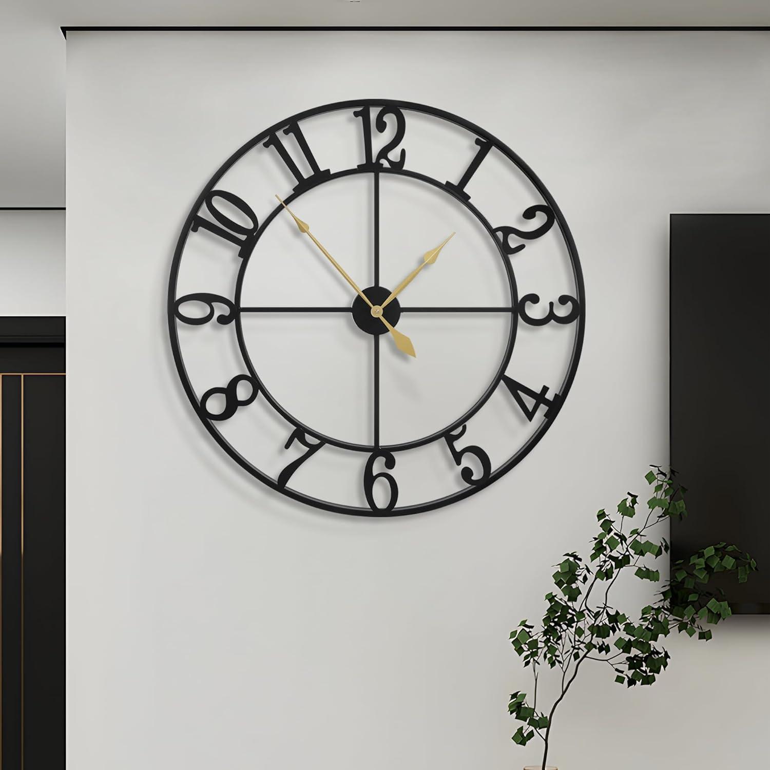 Large Vintage Round Metal Wall Clock Silent Non Ticking Battery Operated Black Roman Numerals Clocks For Living Room Bedroom Kitchen Decoration