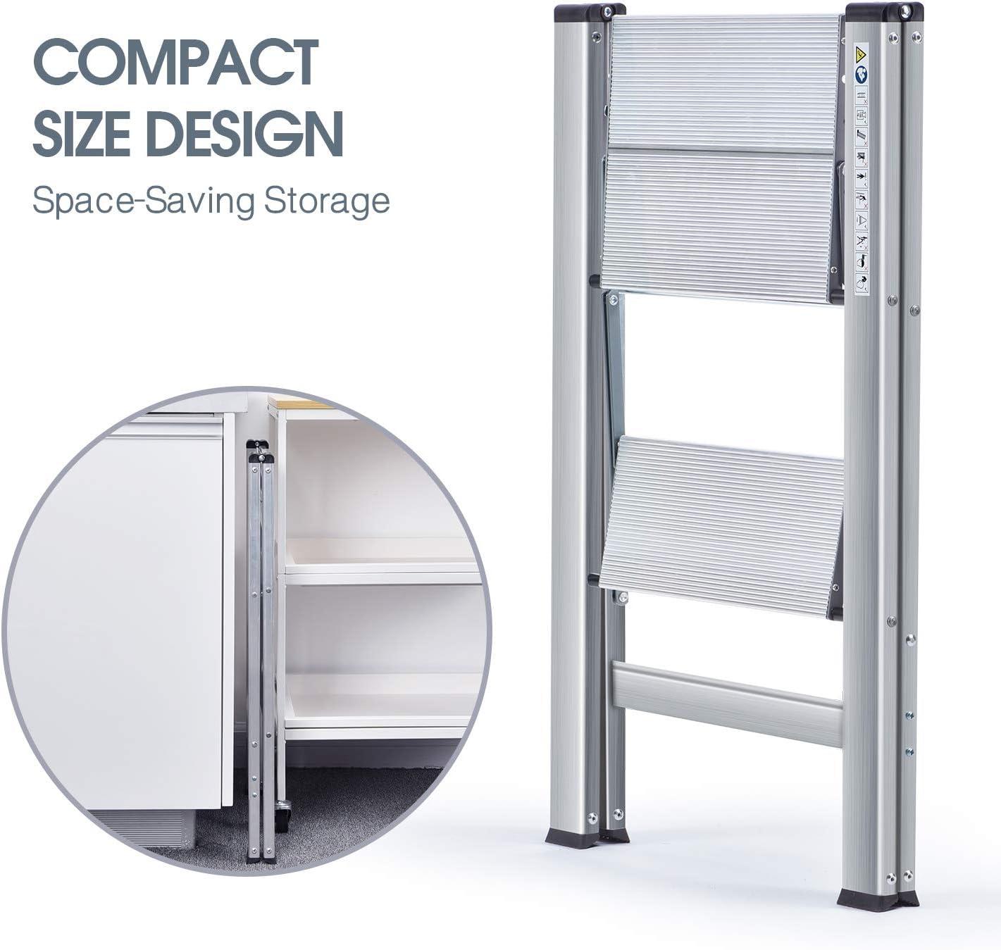 Slim Folding Aluminum 2-Step Ladder with Wide Steps