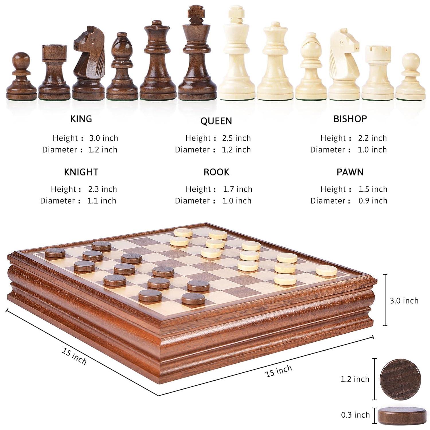 VAMSLOVE Chess and Checkers Board Game Sets for Adults Wooden Deluxe 15 inch Wood Board Box with Storage, Classic 2 in 1 Large Size with Chess Pieces - 3” King Height - 2 Extra Queens