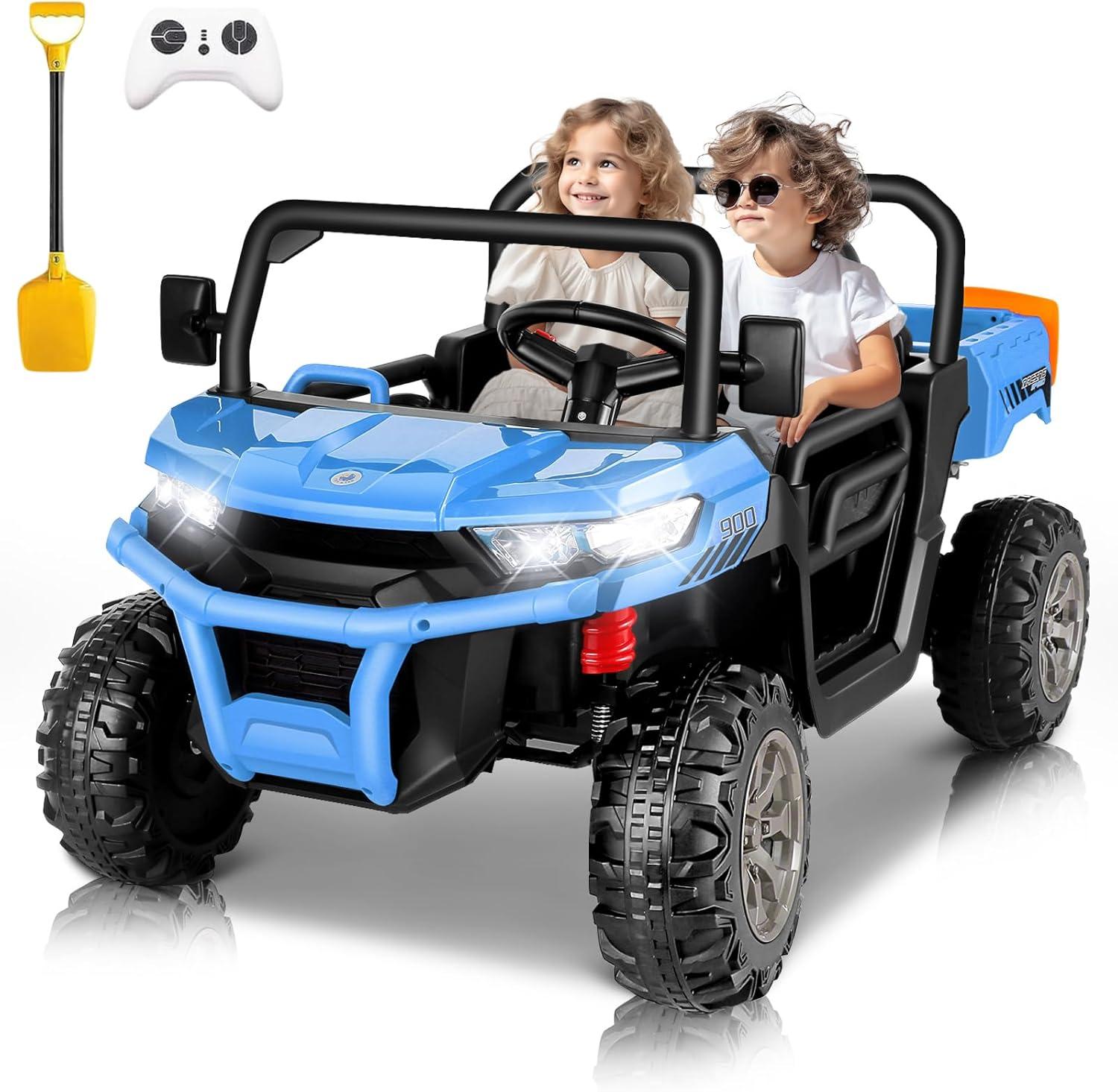 VIBESPARK 24 Volt Ride on Toys with Dump Bed, 2-Seater Ride on Dump Truck, 2×200W Electric Car for Kids Ride on UTV w/ Remote Control, Shovel, Bluetooth, Music, LED Light, 5MPH, Blue