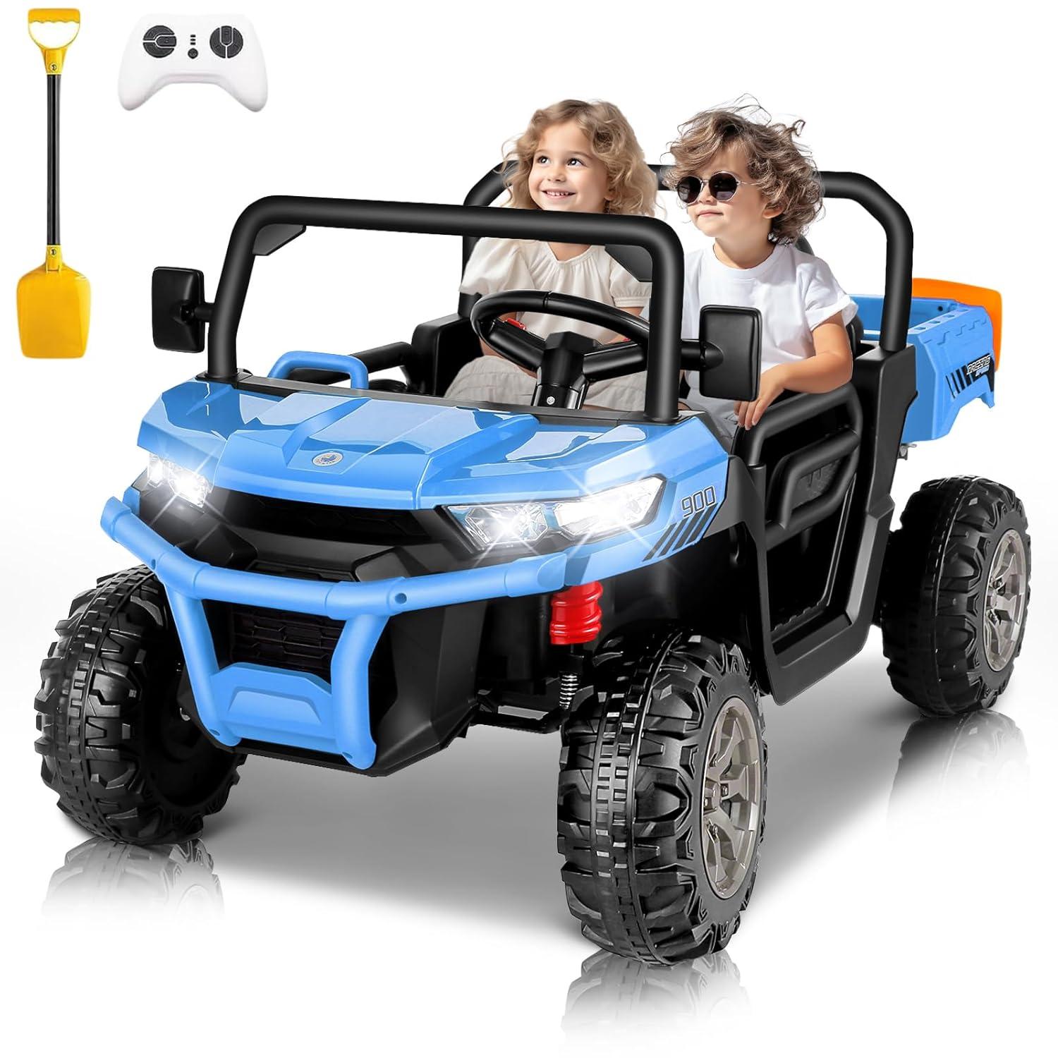 VIBESPARK 24 Volt Ride on Toys with Dump Bed, 2-Seater Ride on Dump Truck, 2×200W Electric Car for Kids Ride on UTV w/ Remote Control, Shovel, Bluetooth, Music, LED Light, 5MPH, Blue