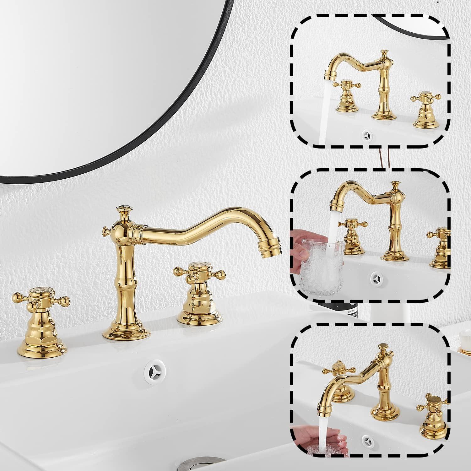 GGStudy 8-16 inch Two Handles 3 Holes Widespread Bathroom Sink Faucet Gold Basin Mixer Tap Faucet Matching Metal Pop Up Drain with Overflow