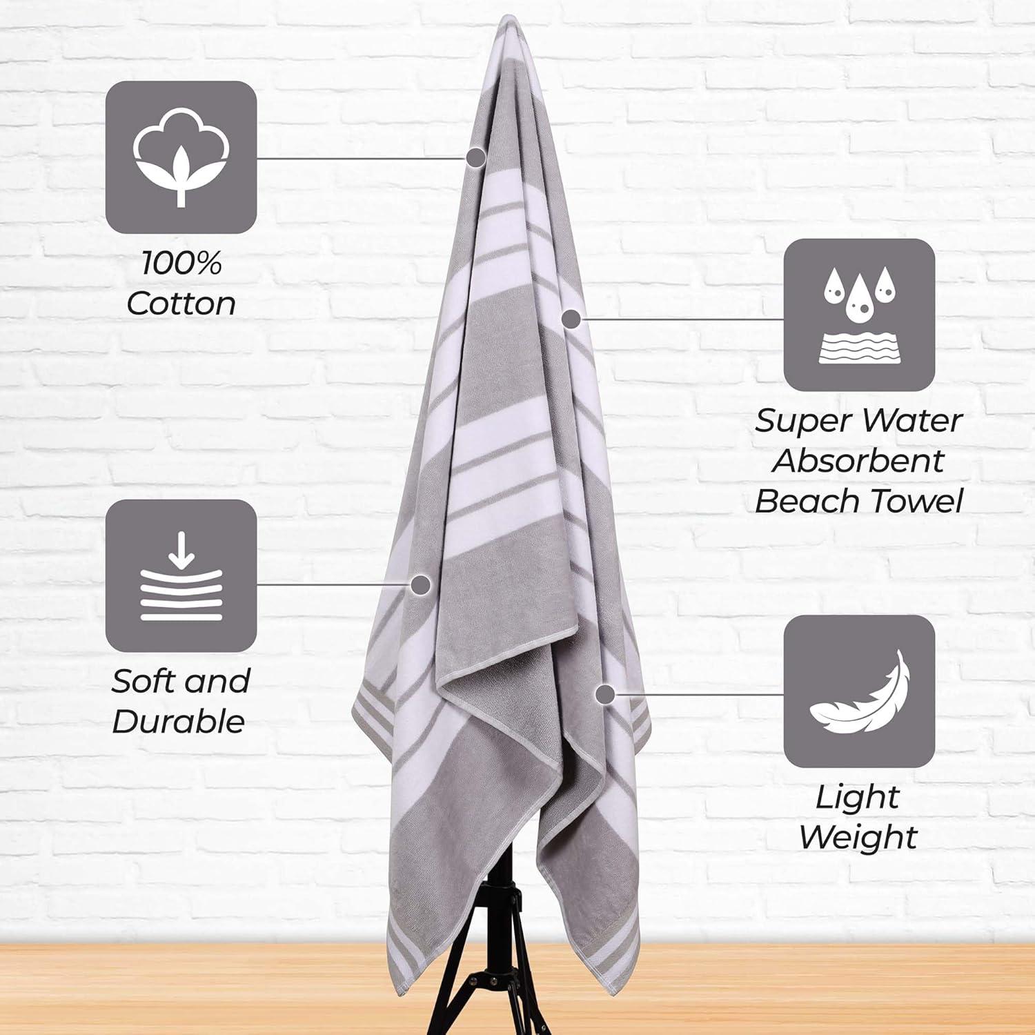 Superior Cotton Striped Oversized Beach Towel, 34" x 64", Light Grey