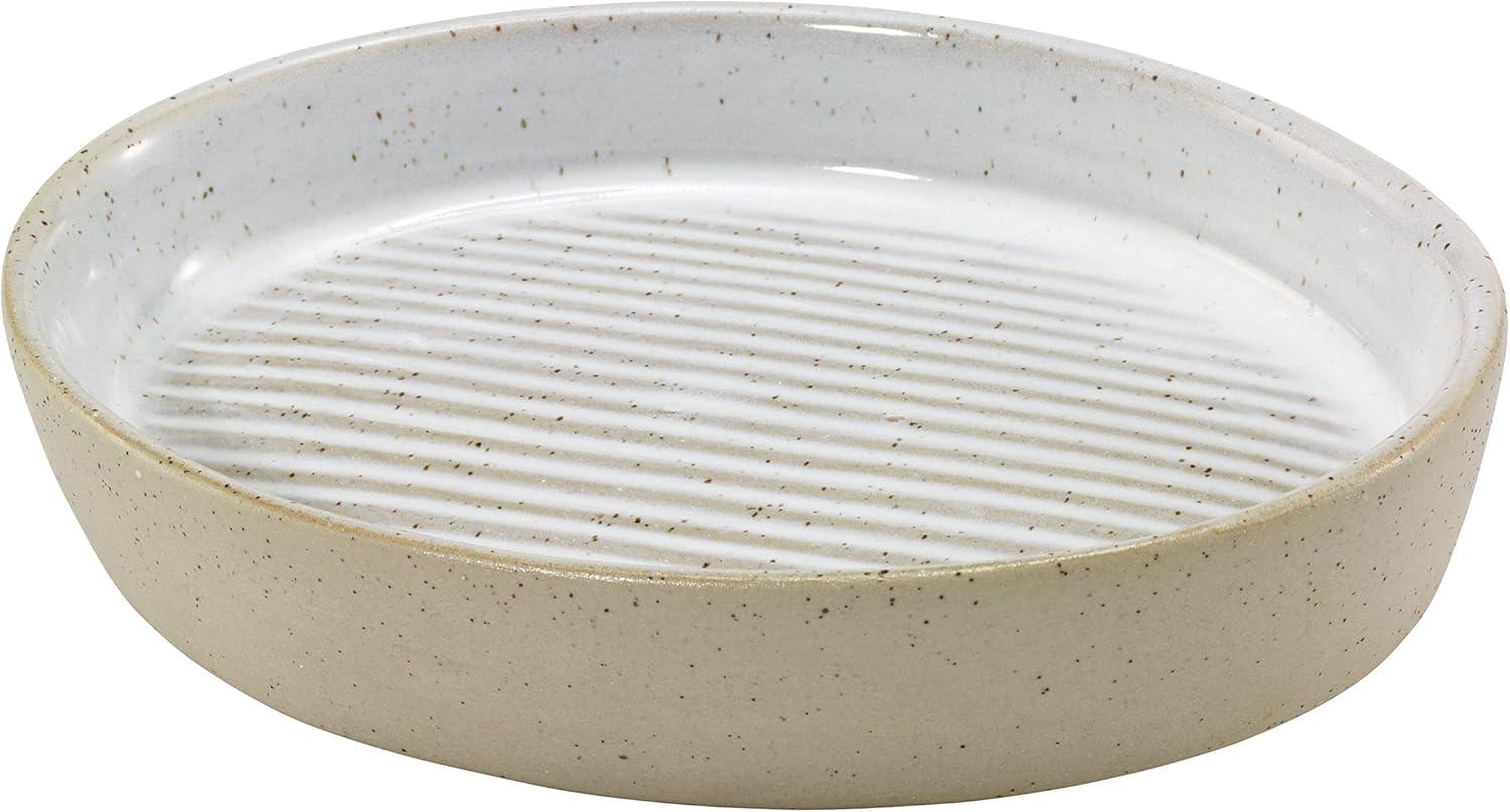 Textured White and Linen Ceramic Soap Dish