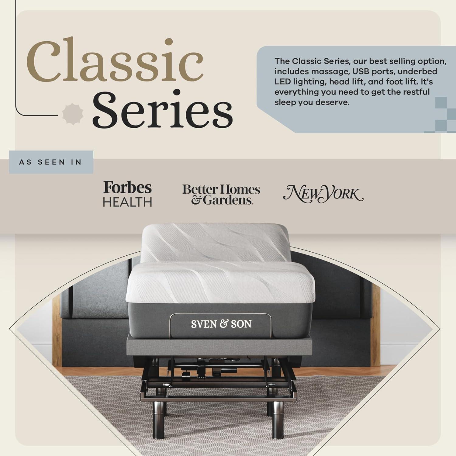 Sven & Son Classic Adjustable Bed Base Frame Only, Head and Foot Lift, Massage, Under-Bed Lights, USB, Memory Positions, Zero Gravity, Wireless Remote - Full