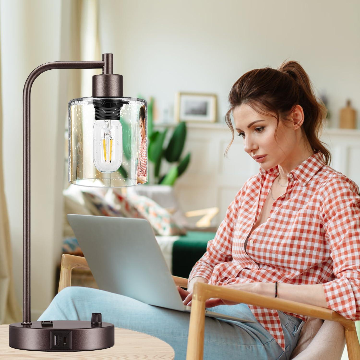 【Upgraded】Set of 2 Industrial Table Lamps with 2 USB Port, Fully Stepless Dimmable Bedside Lamps for Bedroom, Nightstand Desk Lamps with Glass Shade for Bedroom Living Room Office 2 LED Bulb Included