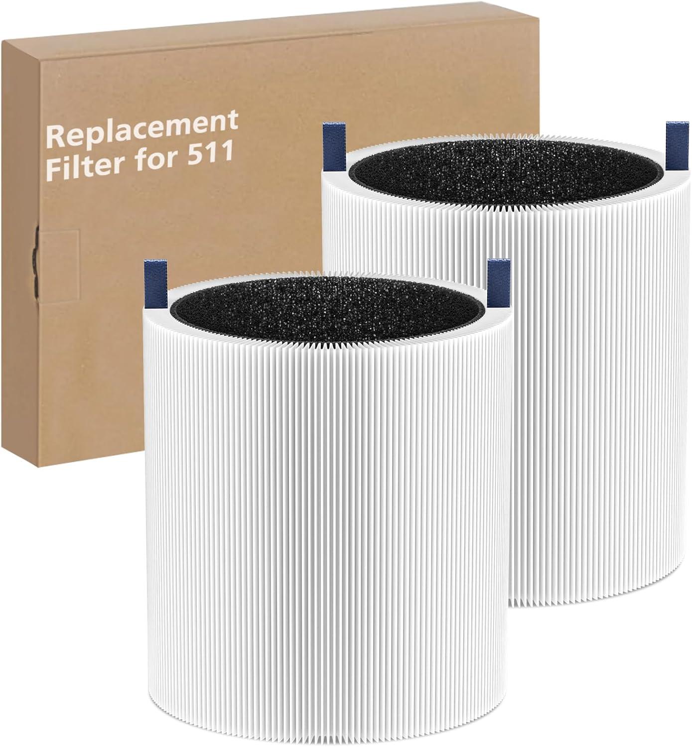 2 Pack Blue Pure 511 Filter Replacement Compatible With Blueair Blue Pure 511 Air Cleaner. Fit For Blue Air 511 Filter Replacement. 3-in-1 True HEPA Filter Particle And Activated Carbon Filter.