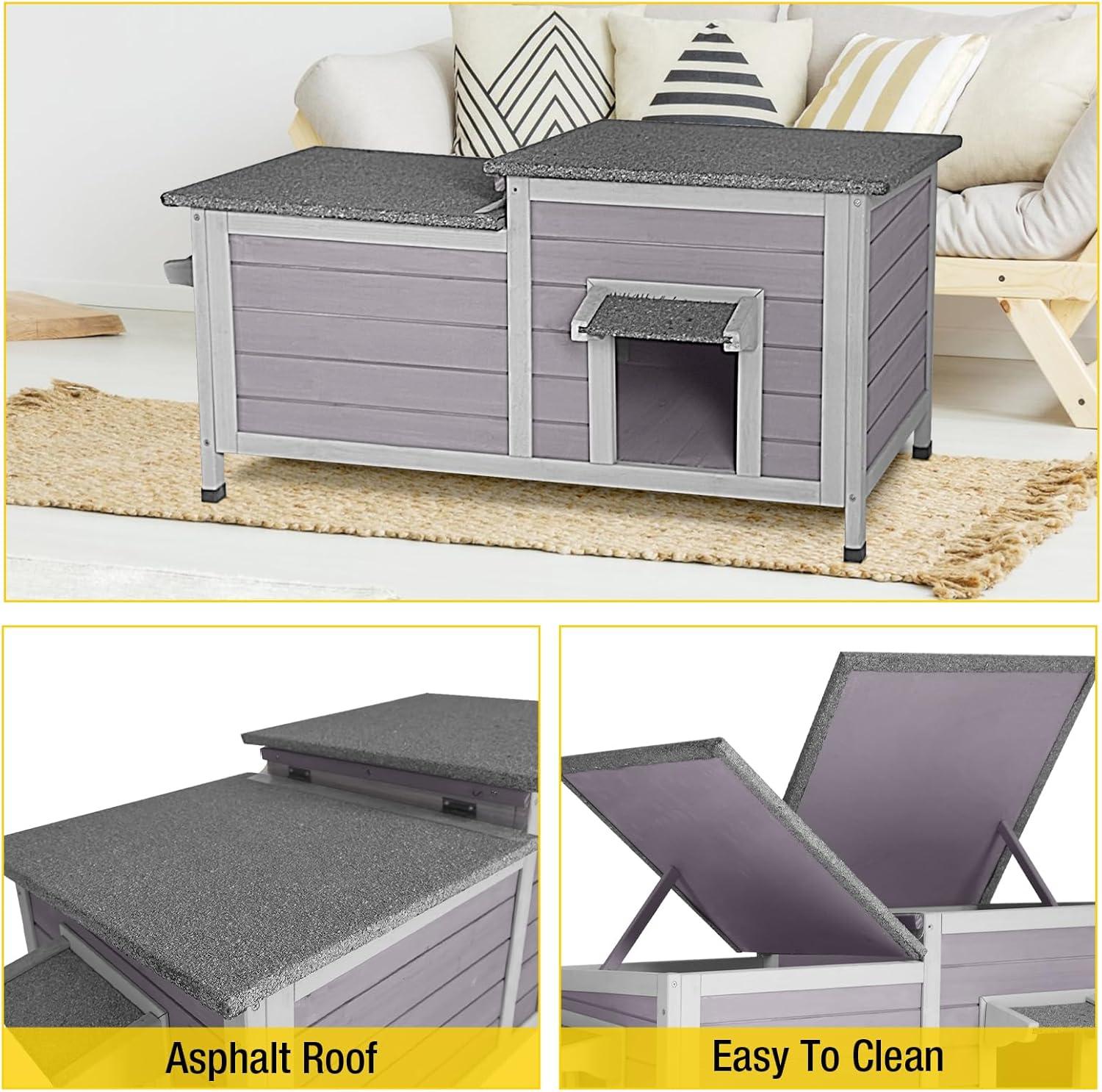 Gray and White Wooden Double Room Outdoor Cat House