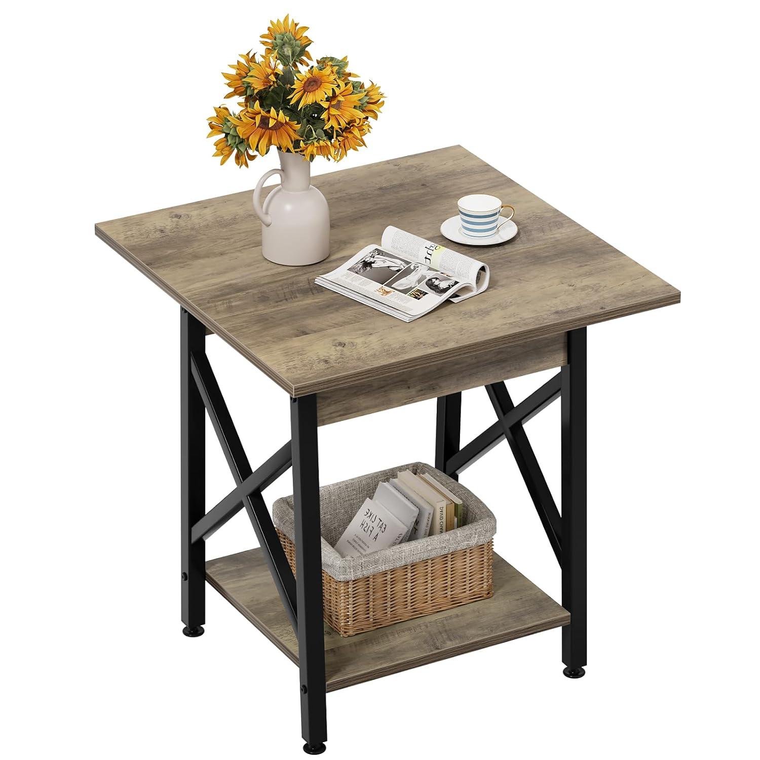 GreenForest End Table 24 inch for Living Room, Large Square Side Tables with X-Frame, Tall Industrial Bedside Nightstand with 2-Tier Storage, Gray Wash