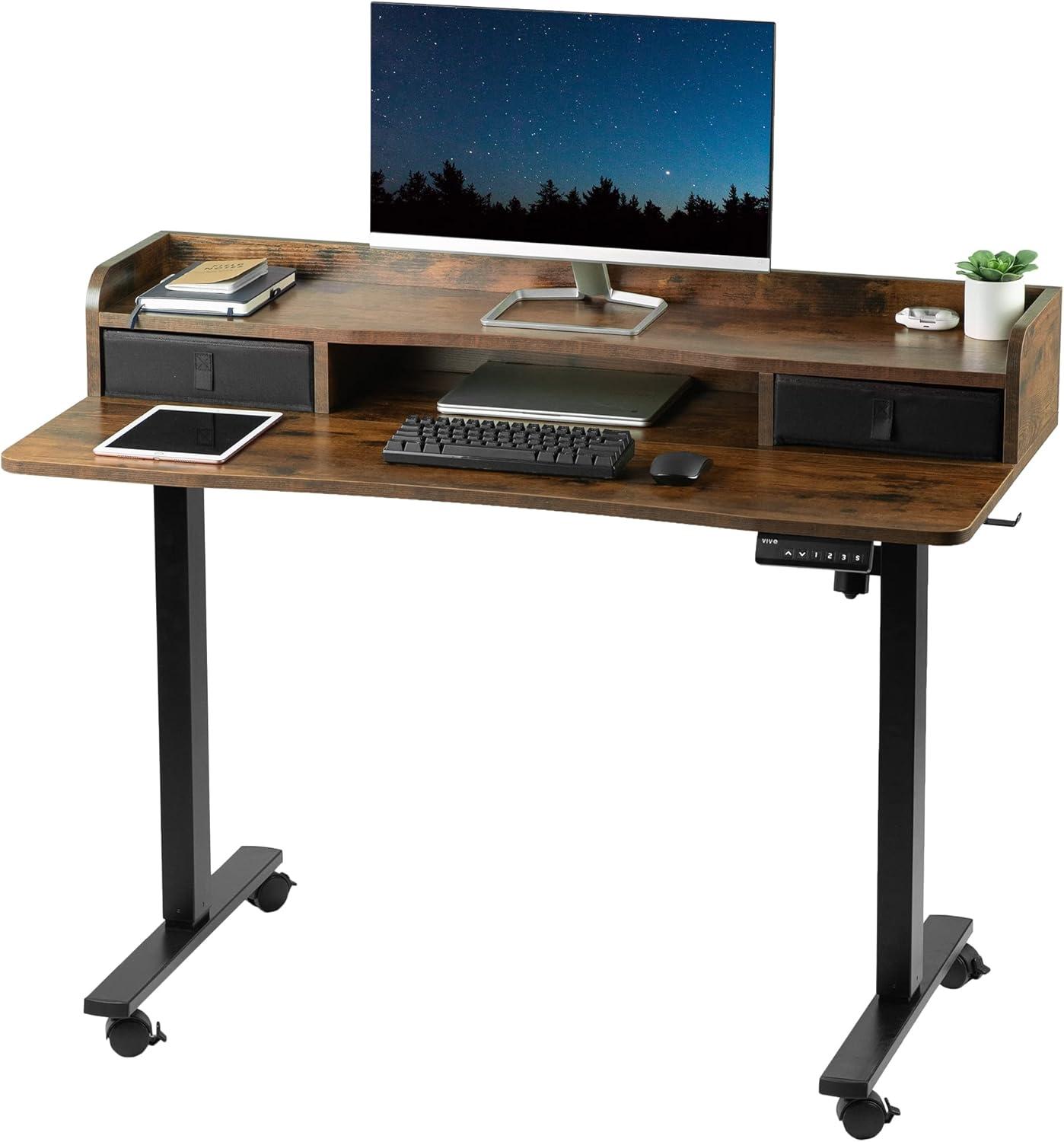 VIVO Rustic Vintage Brown/Black 2 Tier Electric 48" x 24" Mobile Sit Stand Desk