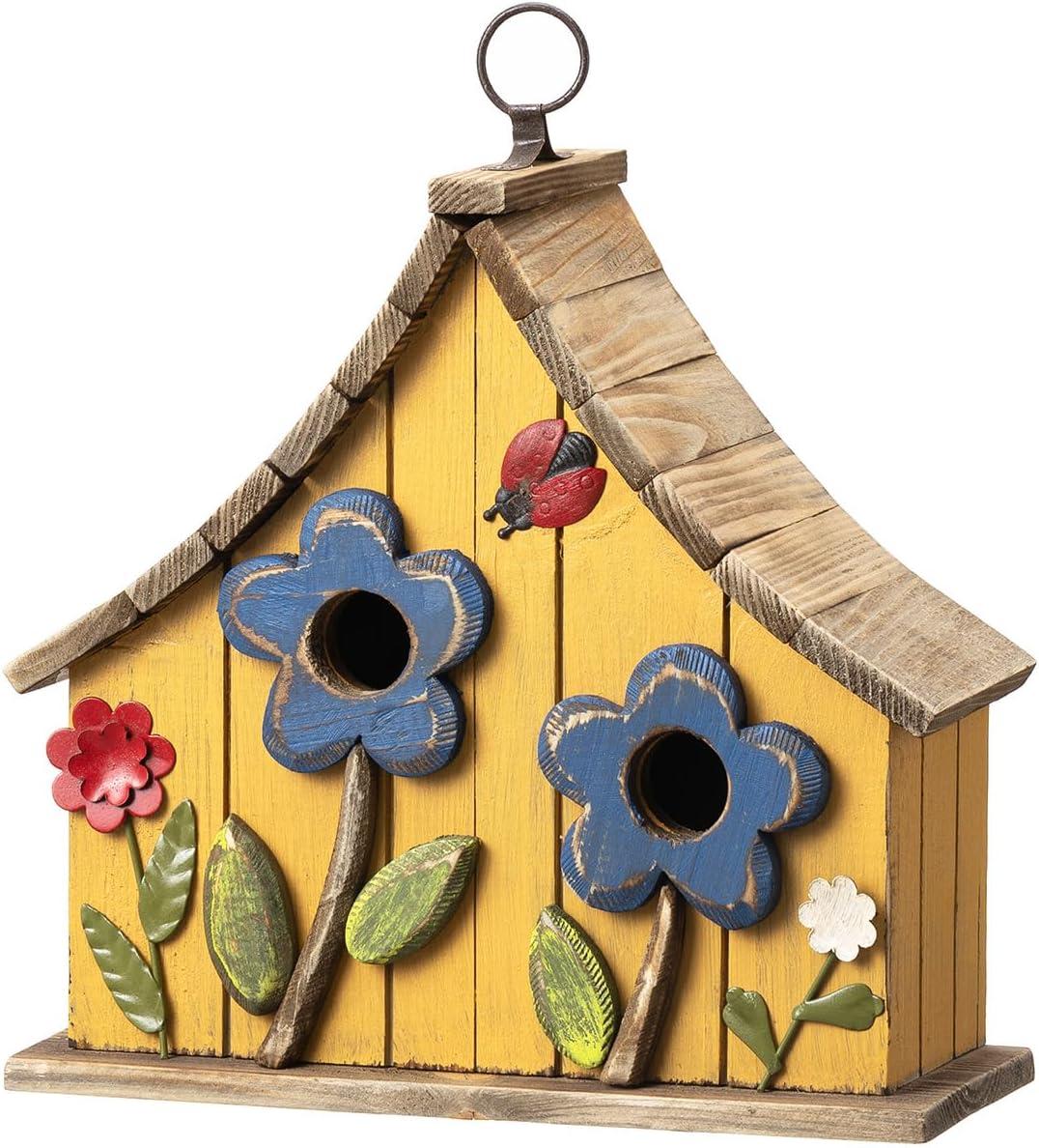 Glitzhome  10"H Multicolor Cute Distressed Solid Wood Birdhouse with 3D Flowers Flower-Orange 10.25"H