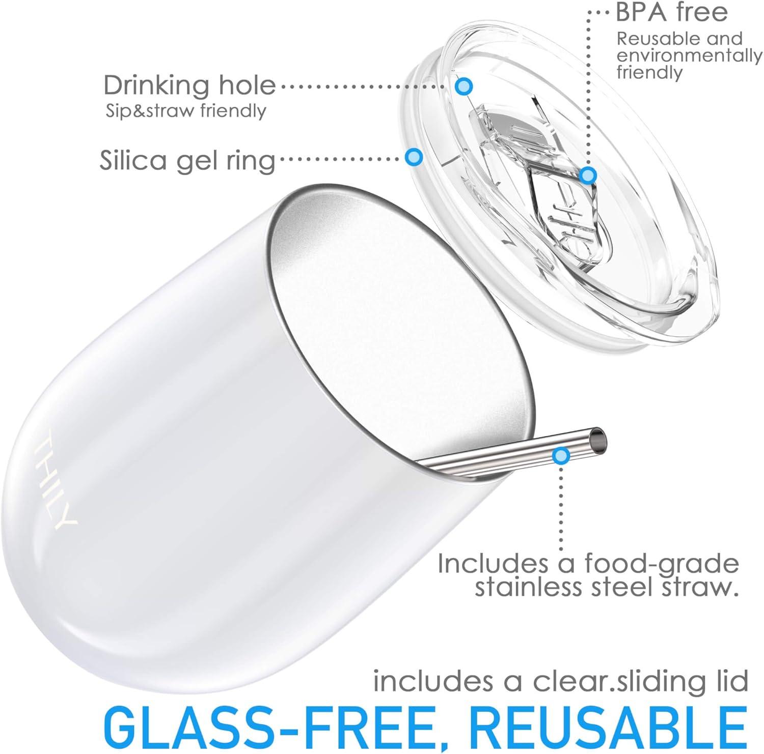 Stainless Steel Insulated Wine Tumbler - THILY 4 Pack Stemless Wine Glasses Set with Splash-proof Lids, Metal Straws, Reusable, Keep Cold for Coffee, Drinks, Cocktails, Christmas Gifts, Pearl White