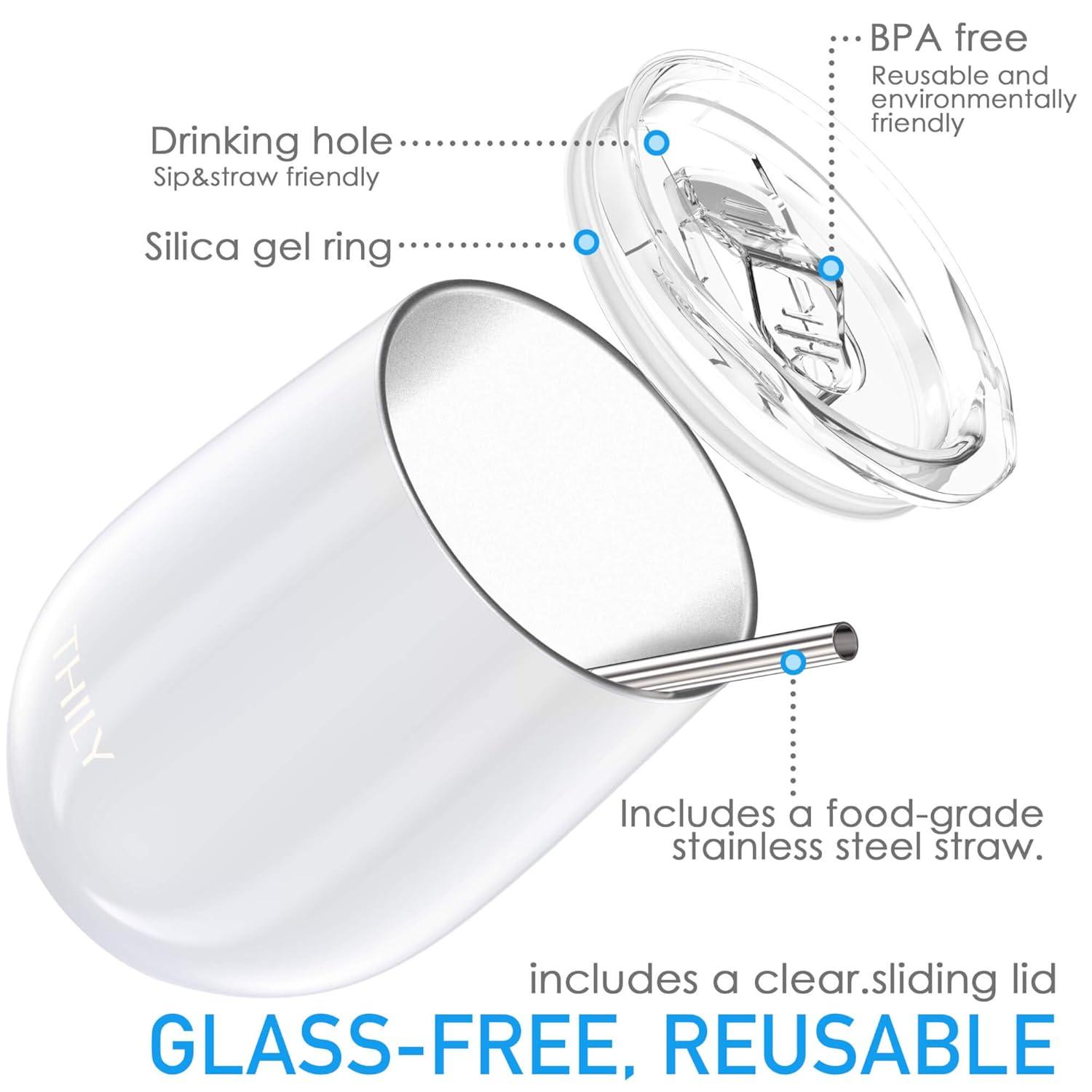 Stainless Steel Insulated Wine Tumbler - THILY 4 Pack Stemless Wine Glasses Set with Splash-proof Lids, Metal Straws, Reusable, Keep Cold for Coffee, Drinks, Cocktails, Christmas Gifts, Pearl White