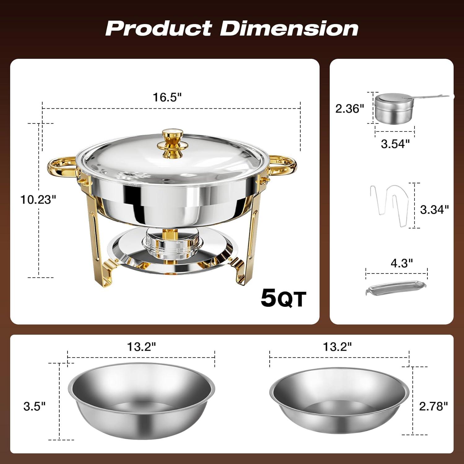 WARMOUNTS Chafing Dish Buffet Set, 5QT 4 Pack Gold Accent Stainless Steel Chafers and Buffet Warmers Sets with Glass Lid & Lid Holder for Parties Catering Events Weddings Banquets