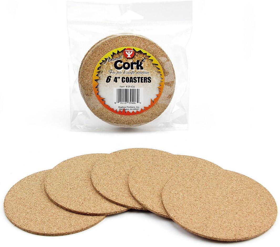 Hygloss 39406 Products Natural Cork Coasters - 3mm Eco Friendly Absorbent Saucers for Coffee, Cups, Wine & Drink Glasses, 4"