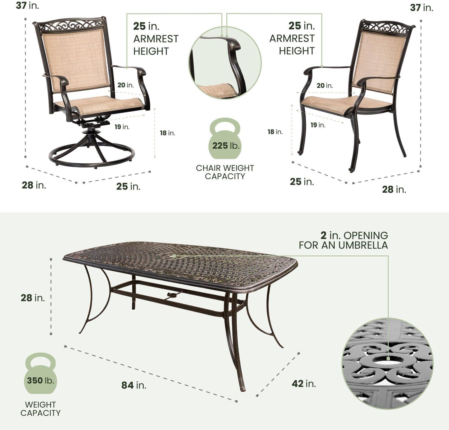 Hanover Fontana 7-Piece Outdoor Dining Set with 2 Sling Swivel Rockers, 4 Sling Chairs, and a 38-In. x 72-In. Cast-Top Table
