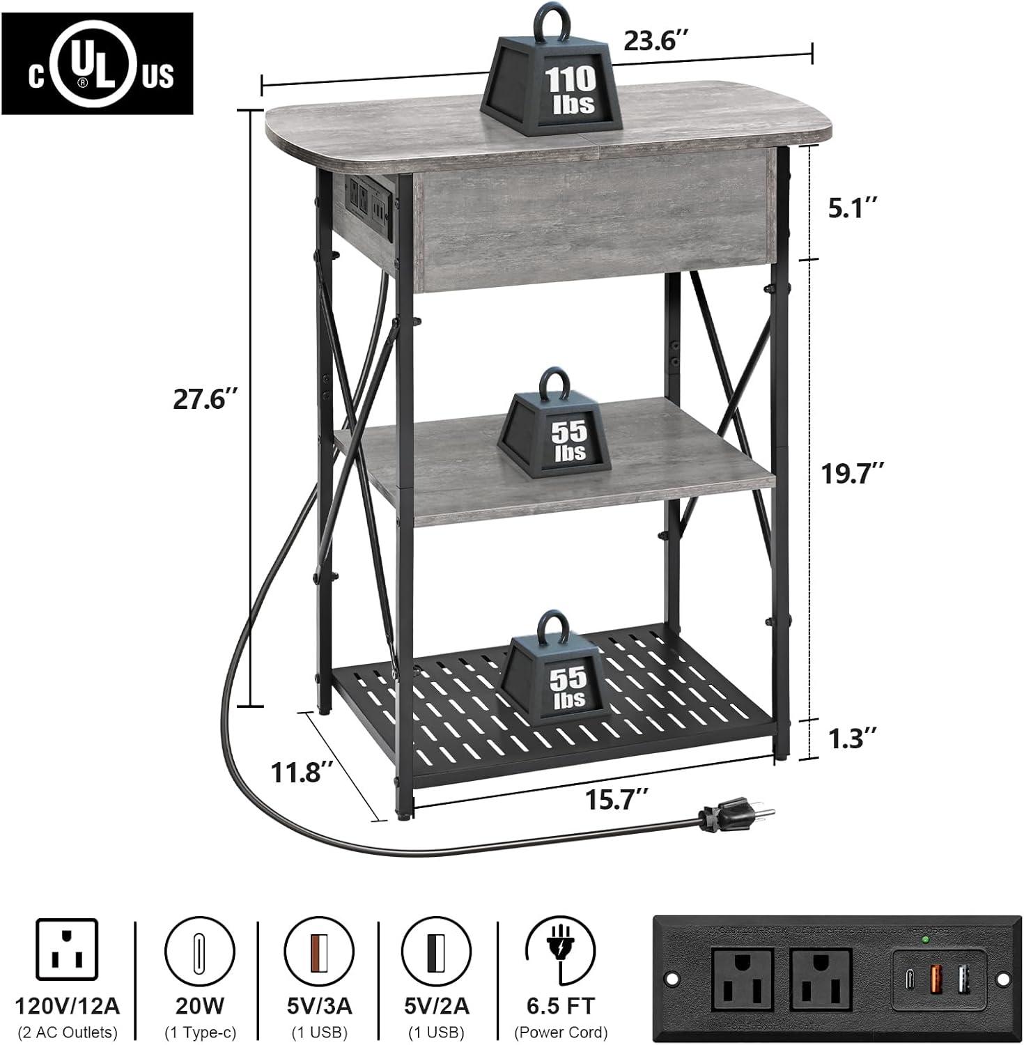 Flip Top End Tables Set 2 with Charging Station, Side Tables Living Room