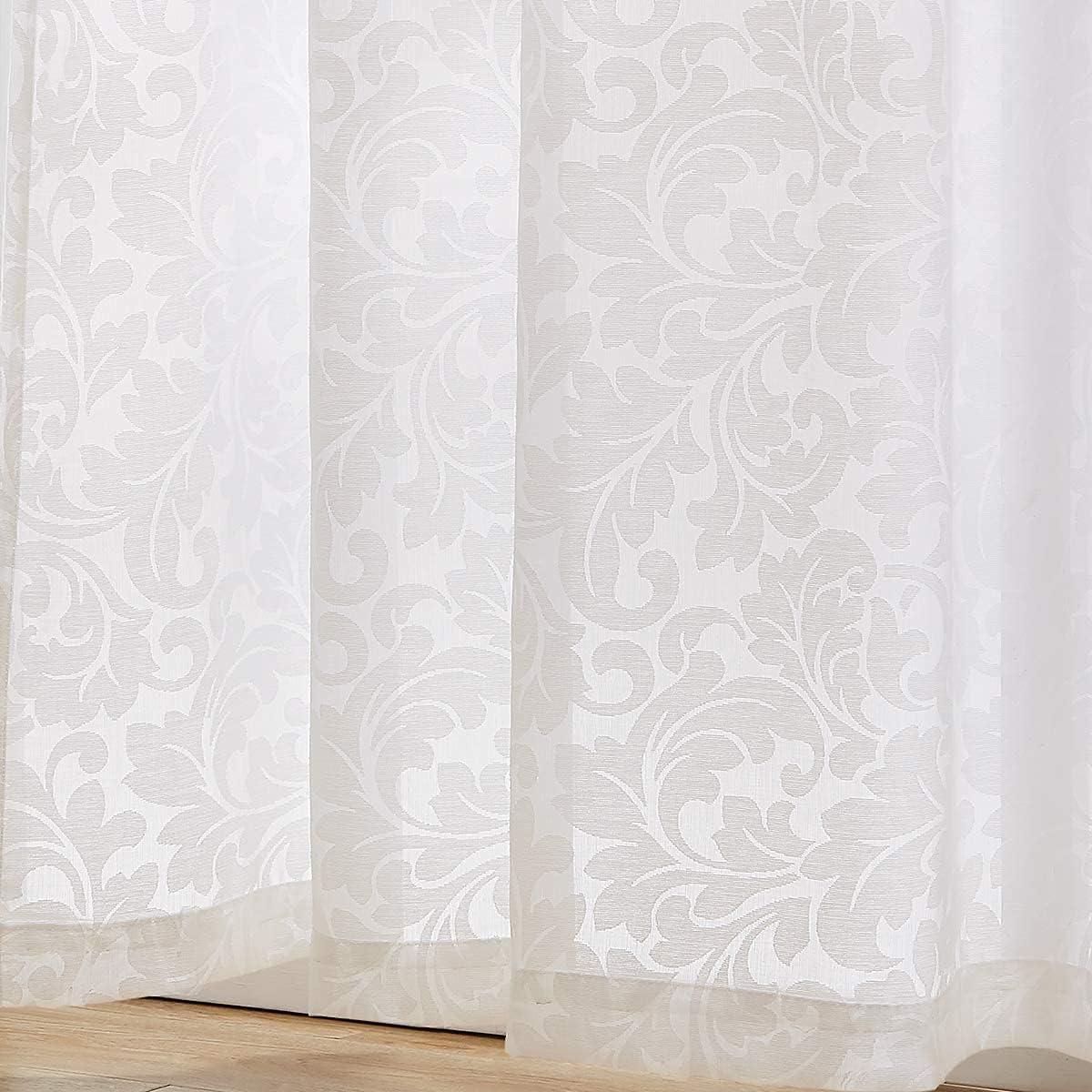 White Sheer Damask Floral Rod Pocket Curtain Panels