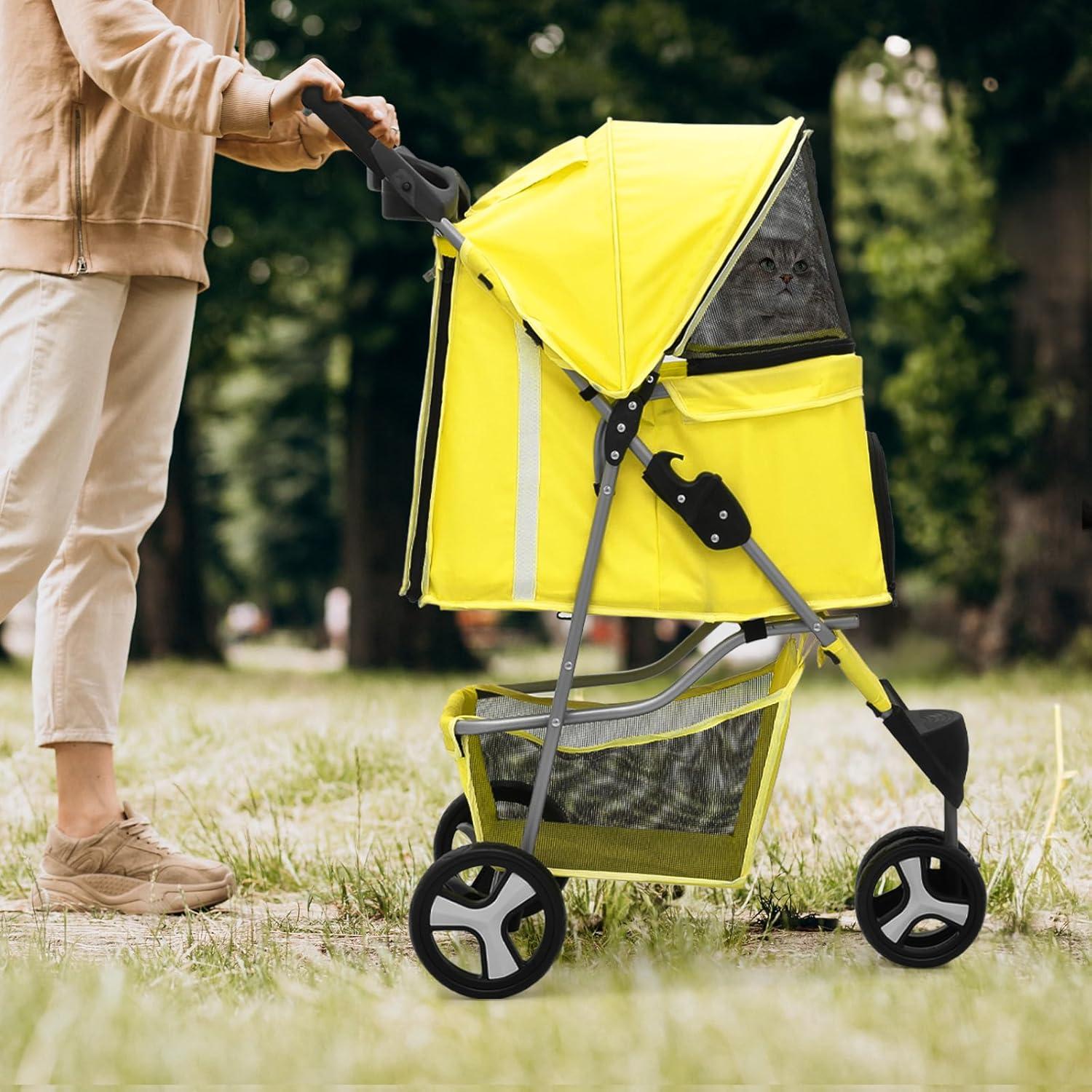 Magshion Pet Dog Stroller with 3 Wheels, Foldable Dog Stroller Carrier Cart with Storage Basket and Cup Holder for Small and Medium Dogs, Yellow